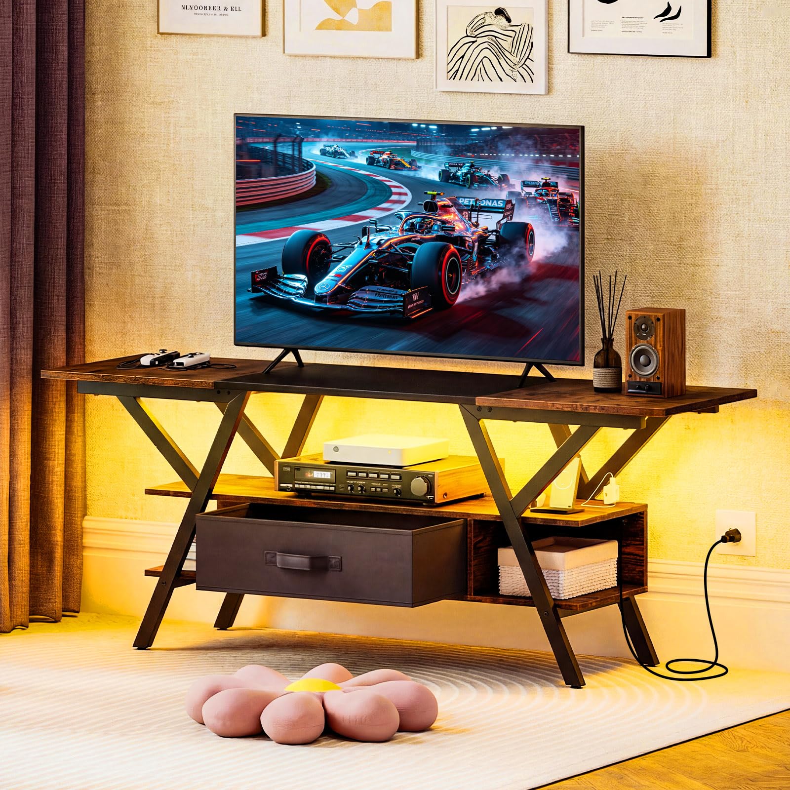 Tangkula TV Stand with Power Outlets & LED Lights for PS5
