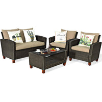 Tangkula Patio Rattan Furniture Set with Tempered Glass Coffee Table for Porch