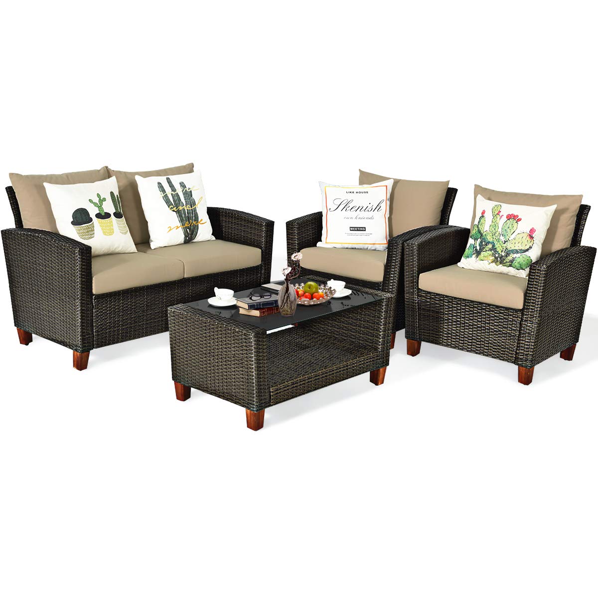 Tangkula Patio Rattan Furniture Set with Tempered Glass Coffee Table for Porch