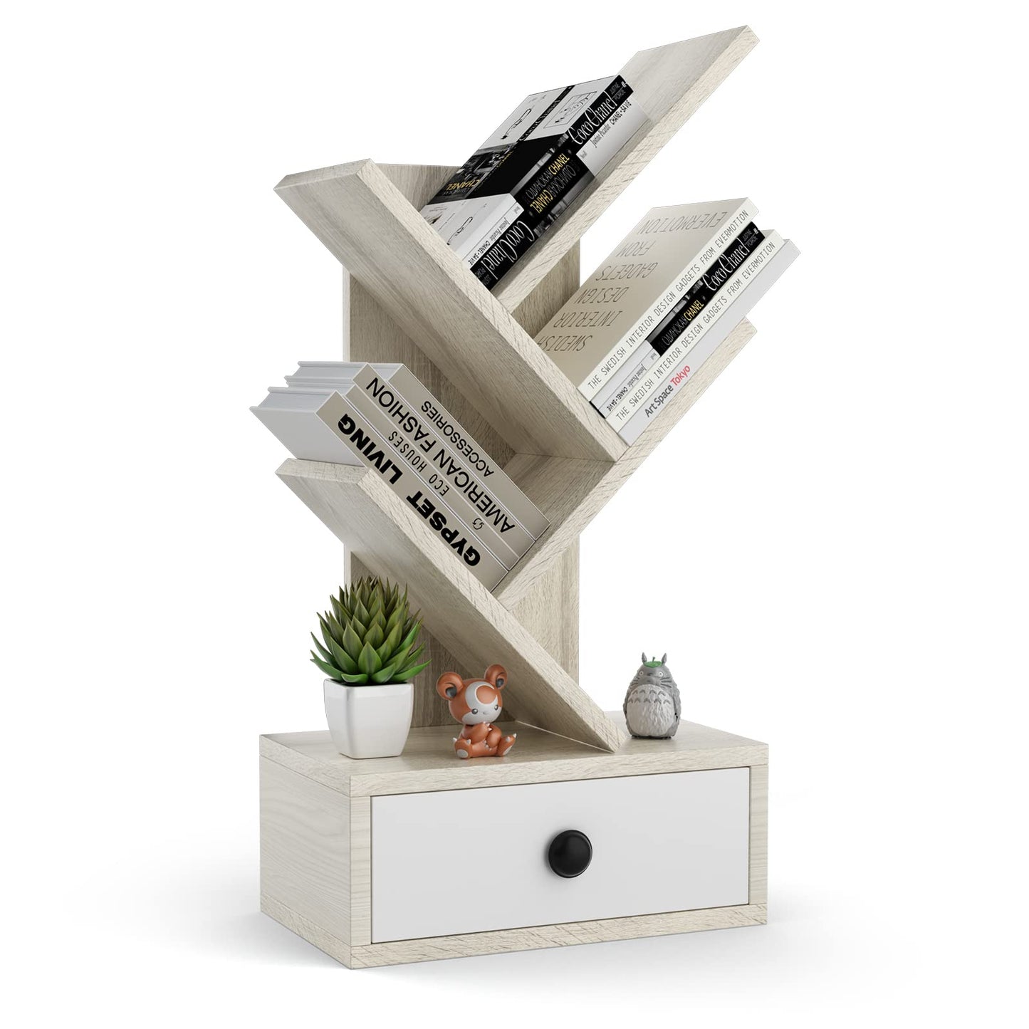 Tangkula 5 Tier Tree Bookshelf with Drawer, Rustic 5 Shelf Space Saving Corner Bookcase