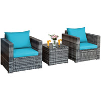 3 Pieces Patio Furniture Set, PE Rattan Wicker Sofa Set w/Washable Cushion and Tempered Glass Tabletop