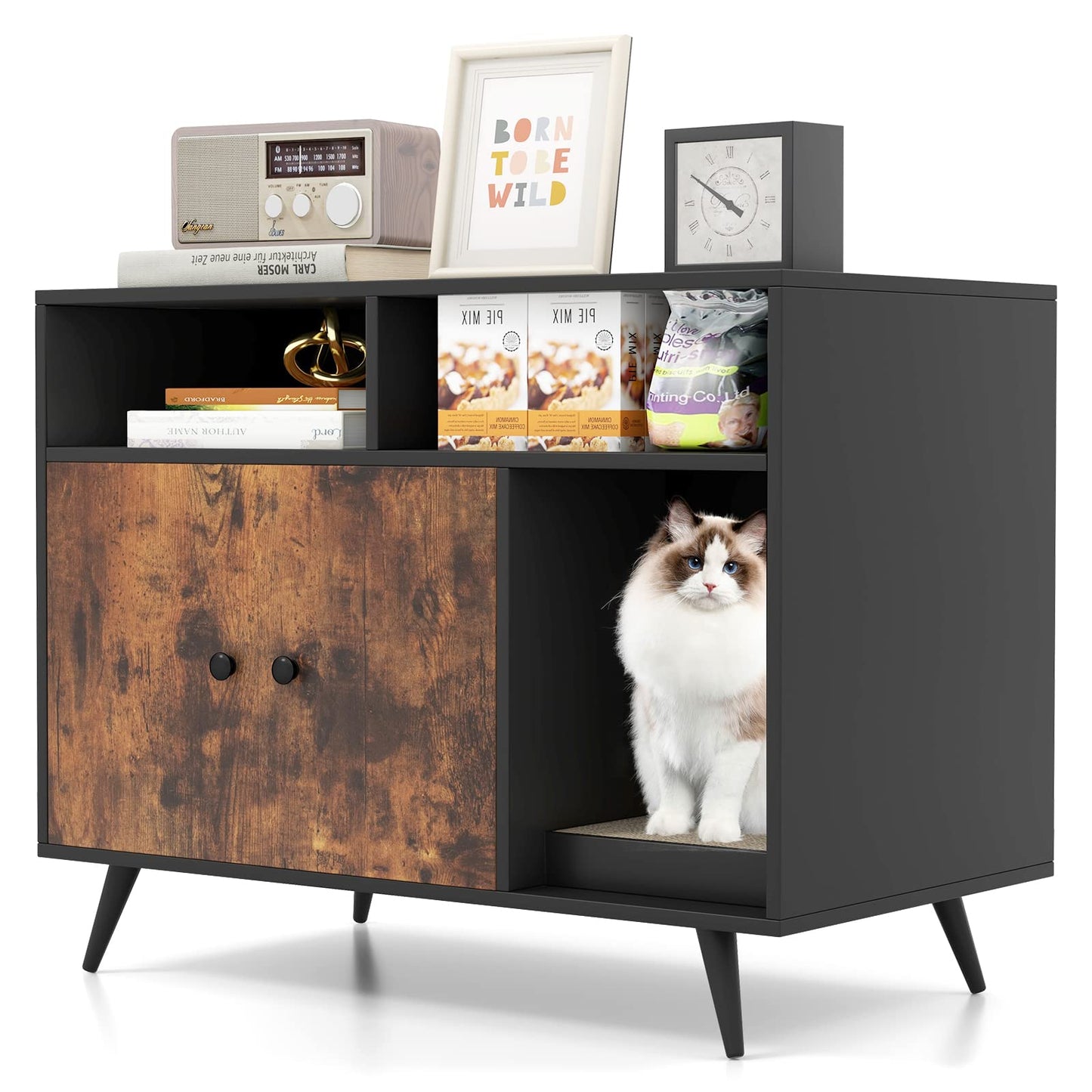 Tangkula Cat Litter Box Enclosure, Hidden Cat Washroom Furniture with Double Door Cabinet