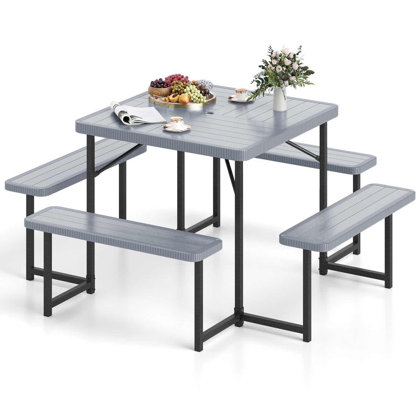 Tangkula 8 Person Picnic Table HDPE Outdoor Square Table and Bench Set