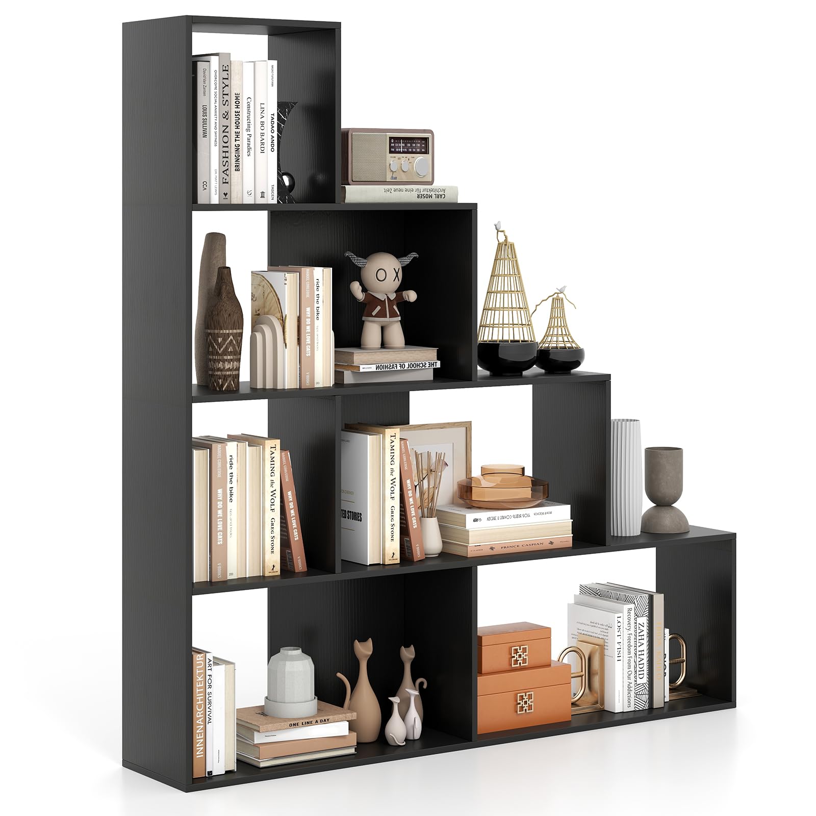 Tangkula 4-Tier Stepped Bookshelf Freestanding 6 Cubes Ladder Bookcase with Anti-Tipping Kits