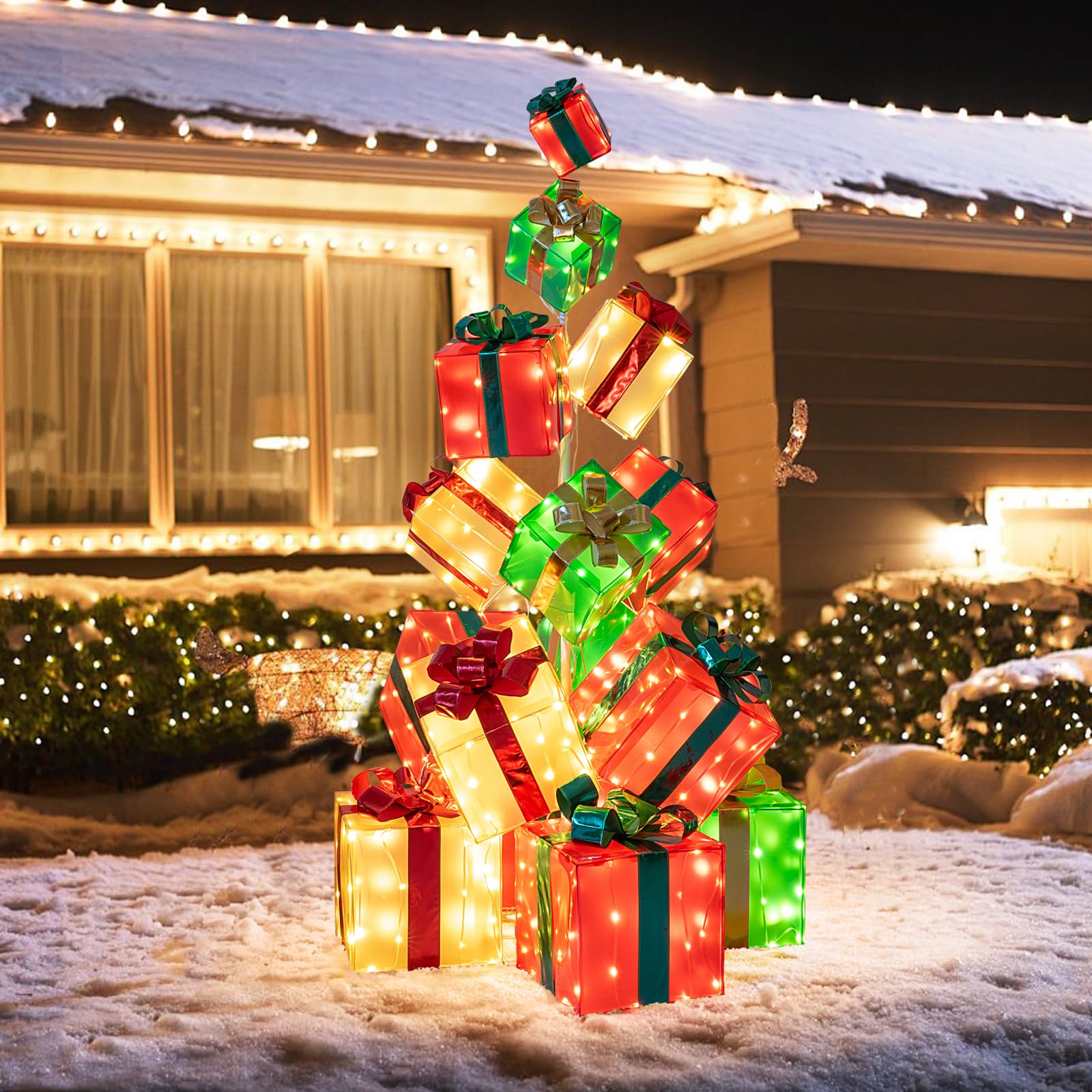 Tangkula Tour de cadeaux pré-éclairée de 1,70 m avec 15 boîtes de Noël lumineuses, nœud et 483 ampoules LED
