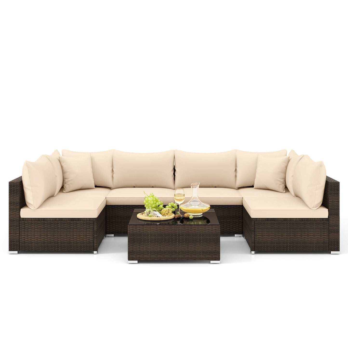 Tangkula 7 Pieces Patio Rattan Furniture Set, Patiojoy Outdoor Conversation Set with Cushions and Tempered Glass Coffee Table