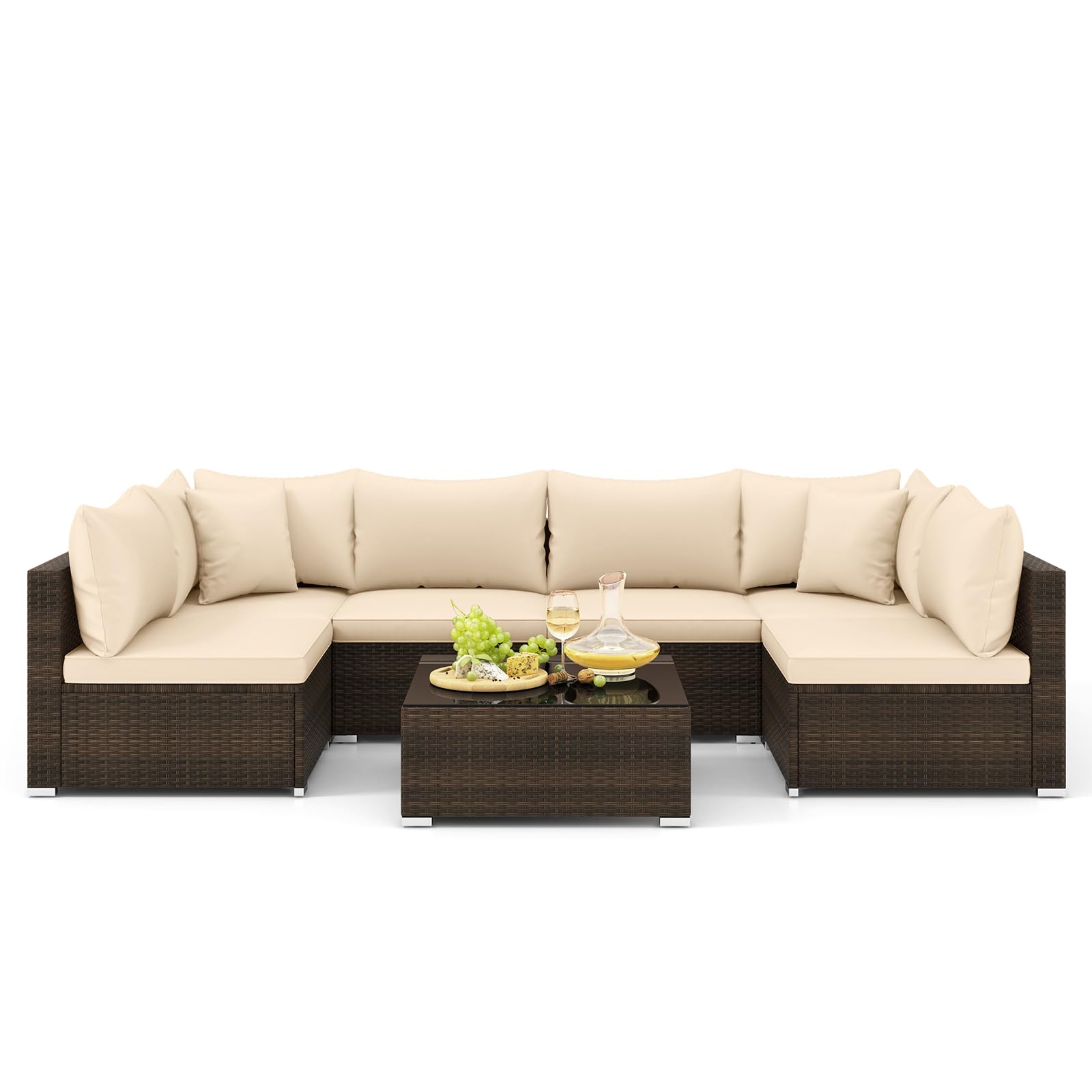Tangkula 7 Pieces Patio Rattan Furniture Set, Patiojoy Outdoor Conversation Set with Cushions and Tempered Glass Coffee Table