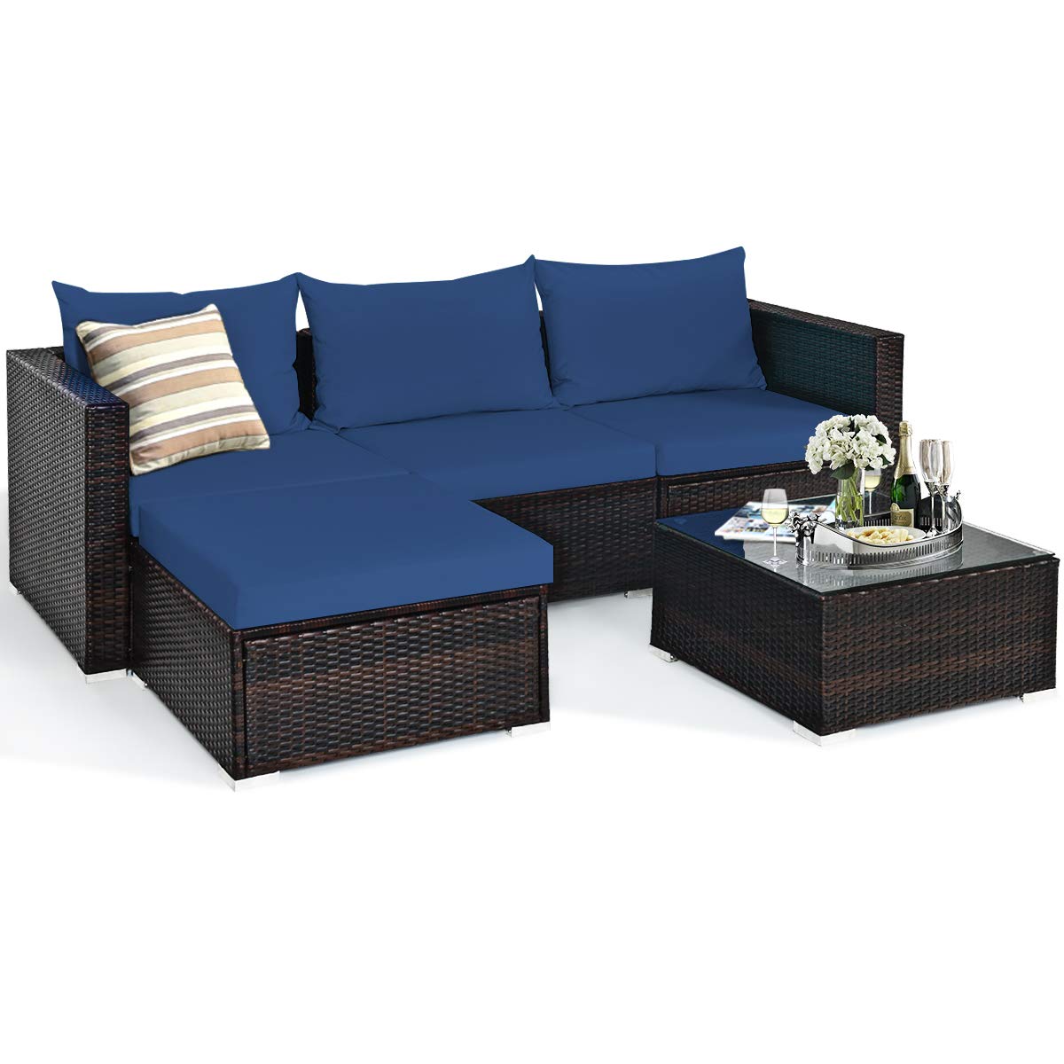 Tangkula 5 Piece Outdoor Patio Furniture Set with Glass Top Coffee Table