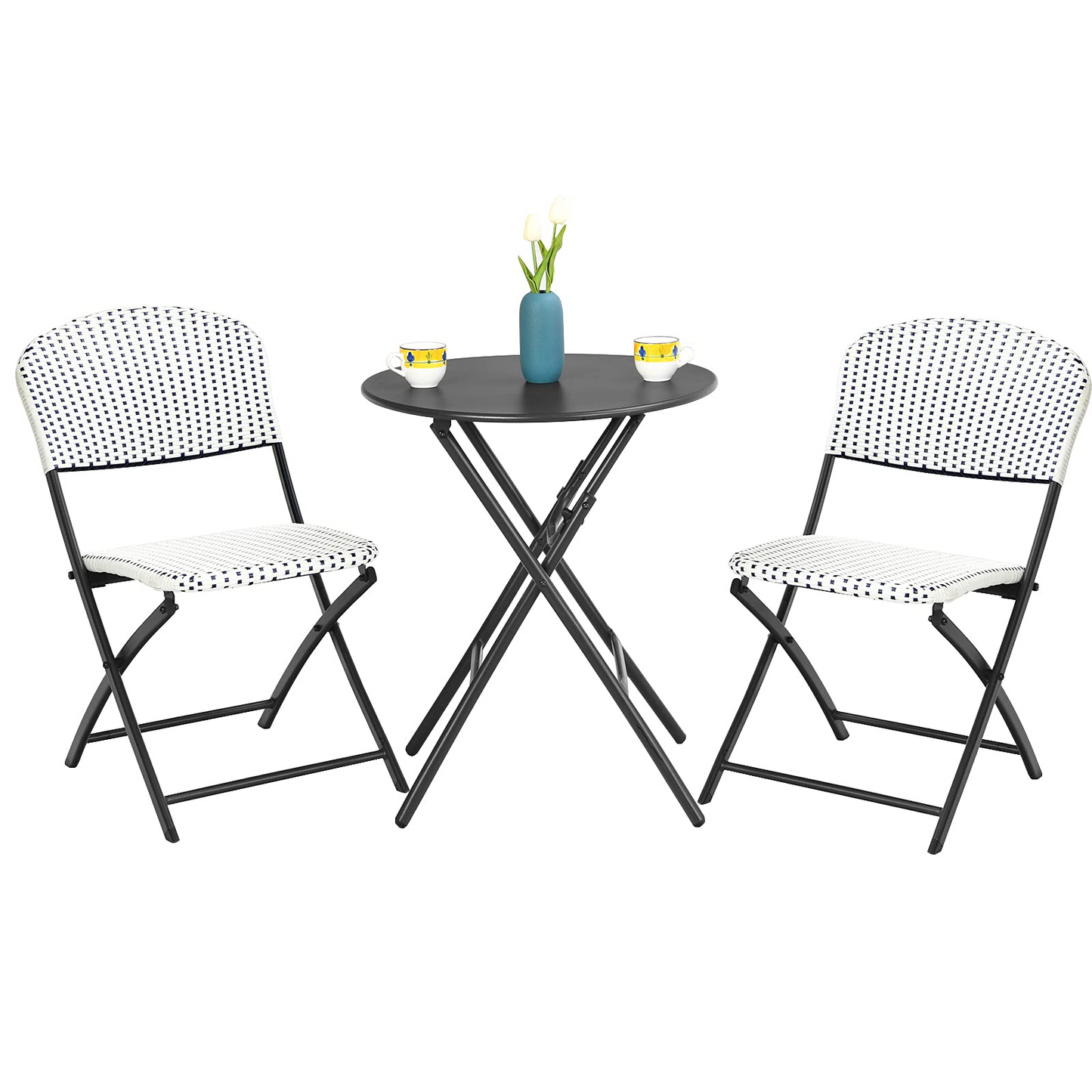 Tangkula 3 Pieces Patio Rattan Bistro Set, Outdoor Folding Dining Furniture Set with Round Dining Table and 2 Chairs