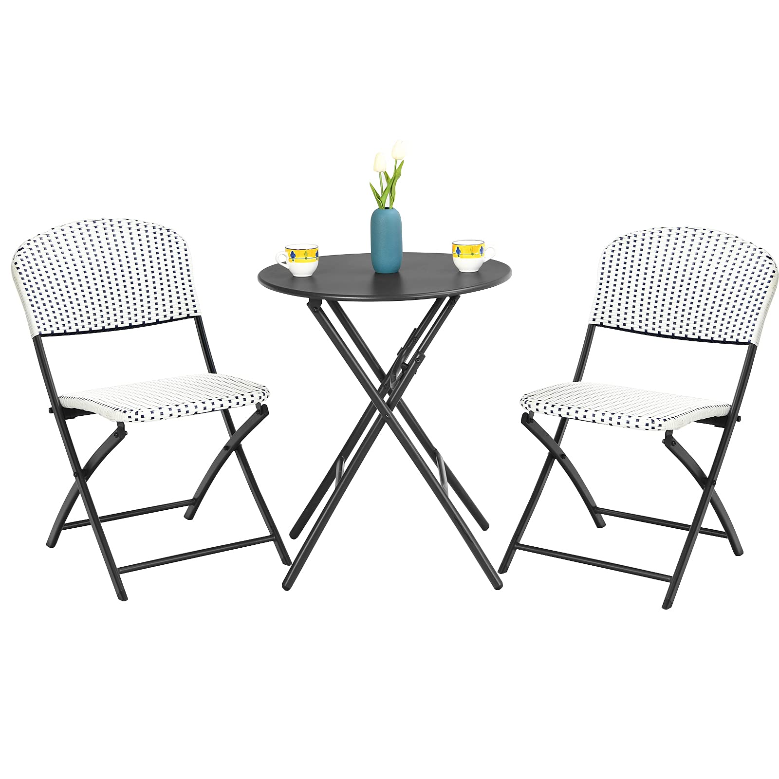 Tangkula 3 Pieces Patio Rattan Bistro Set, Outdoor Folding Dining Furniture Set with Round Dining Table and 2 Chairs