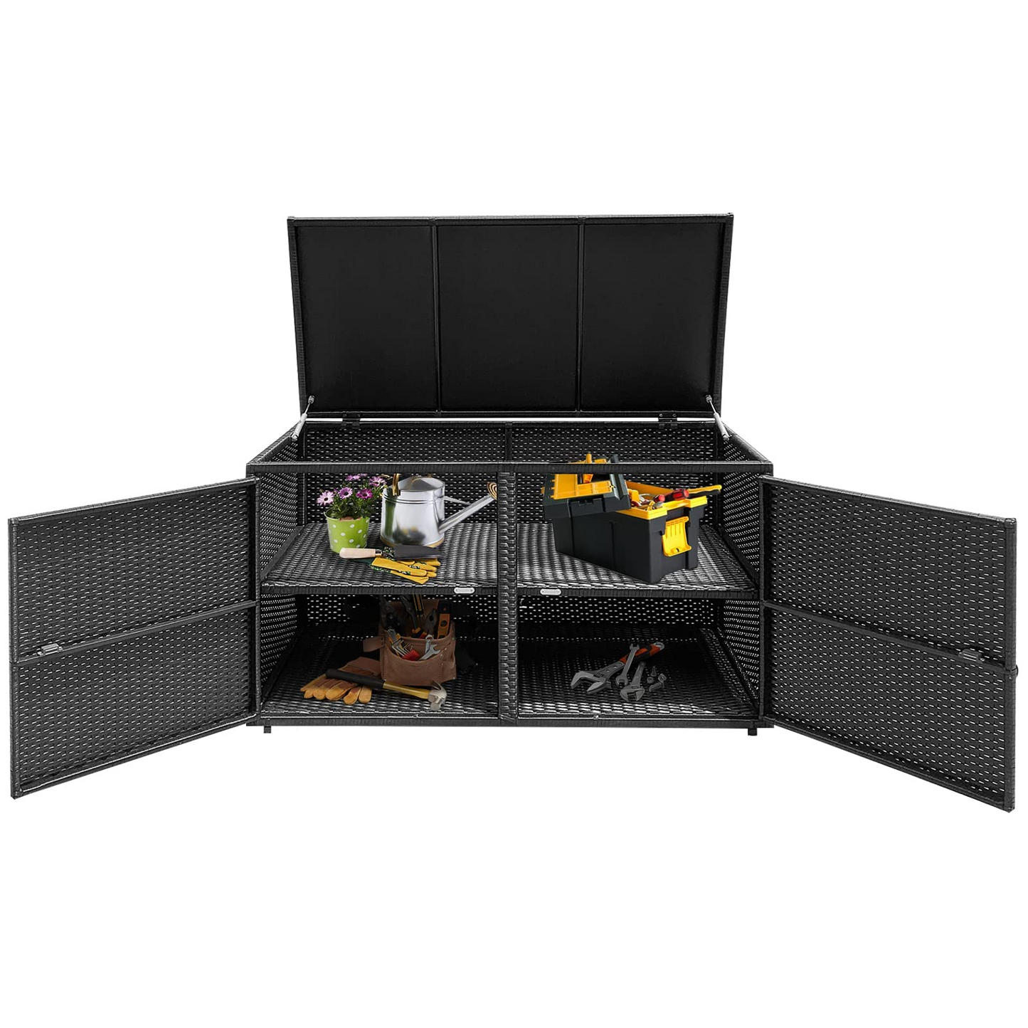 Tangkula Outdoor Wicker Storage Box, Garden Deck Bin with Steel Frame