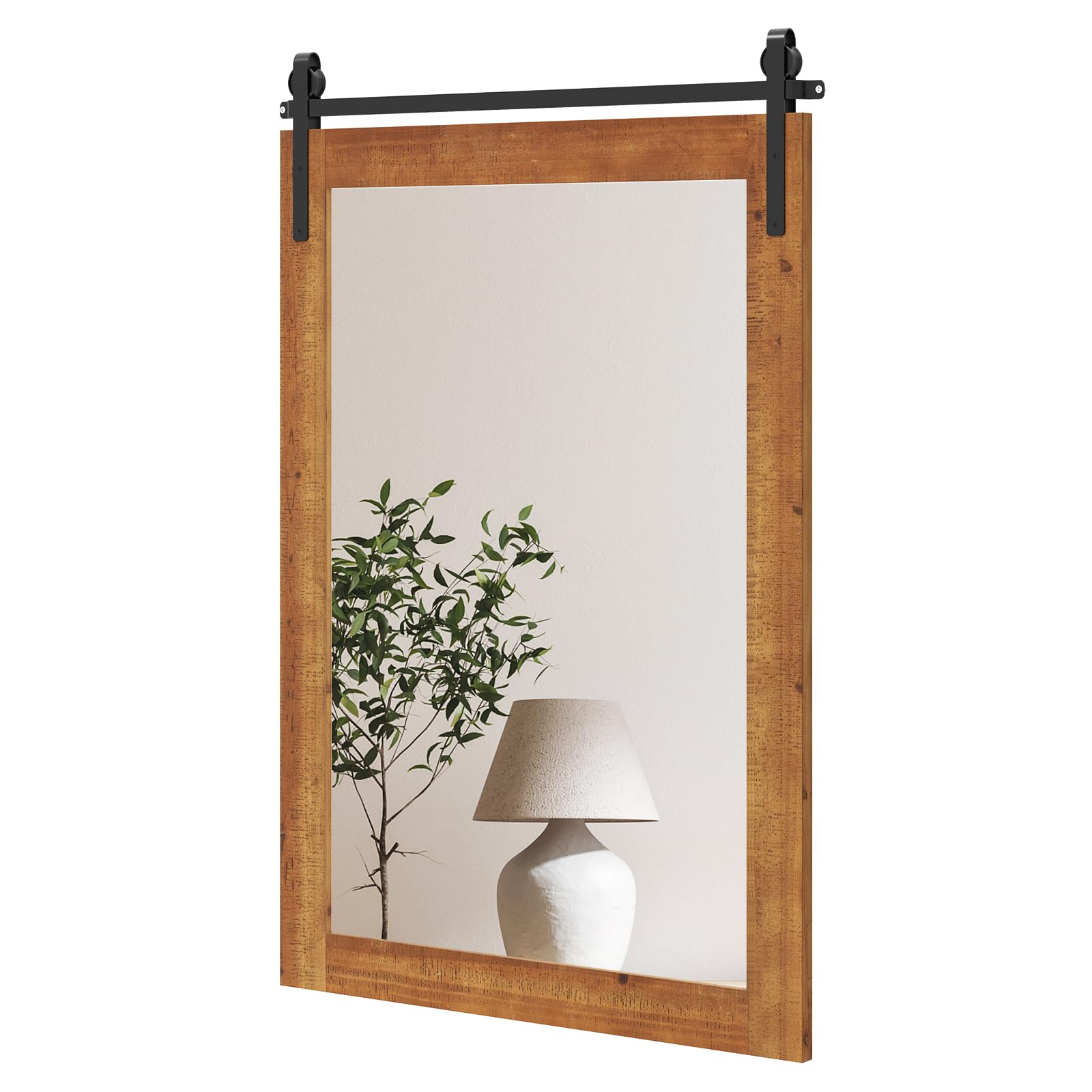 Tangkula Farmhouse Wall Mirror with Wood Frame & Metal Bracket（ 36"L x 24"W）