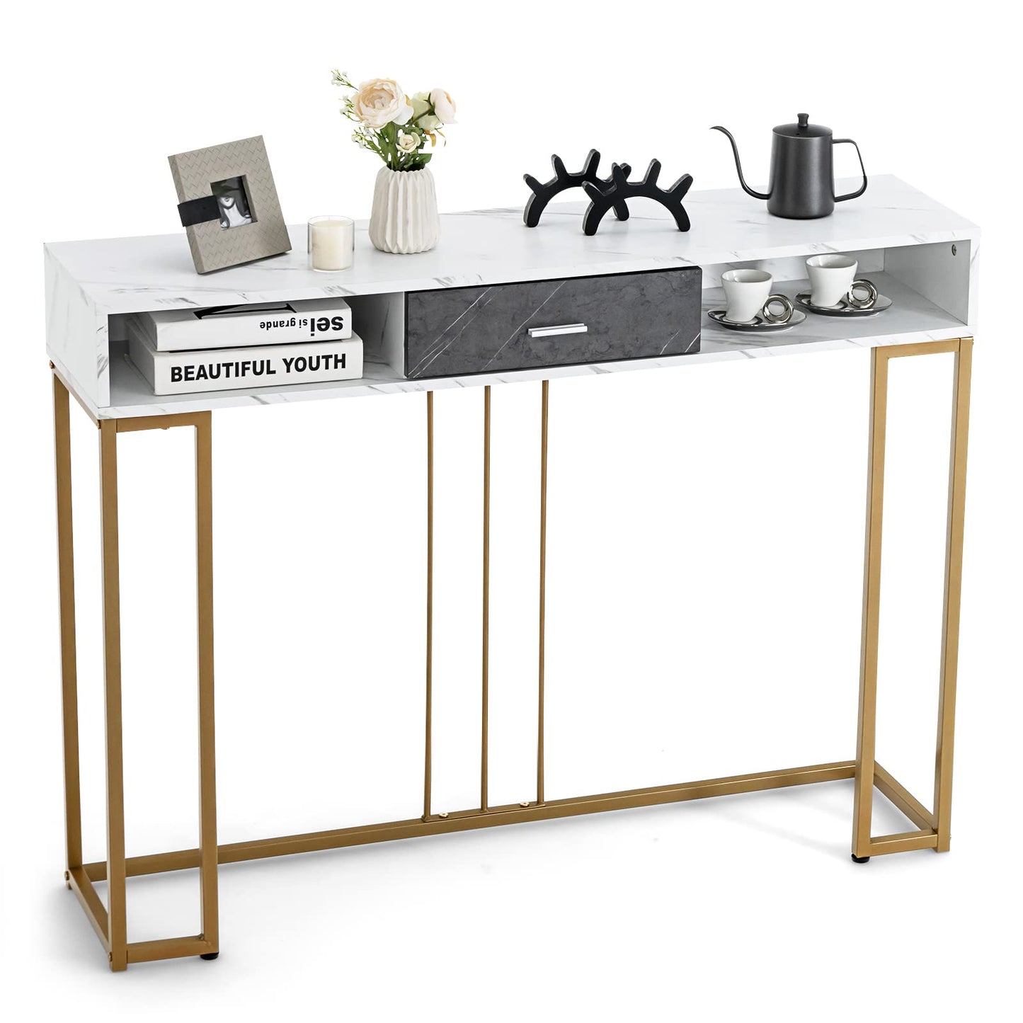 Tangkula Console Table with Drawer, 48" 2-Tier Faux Marble Sofa Table with Golden Steel Frame