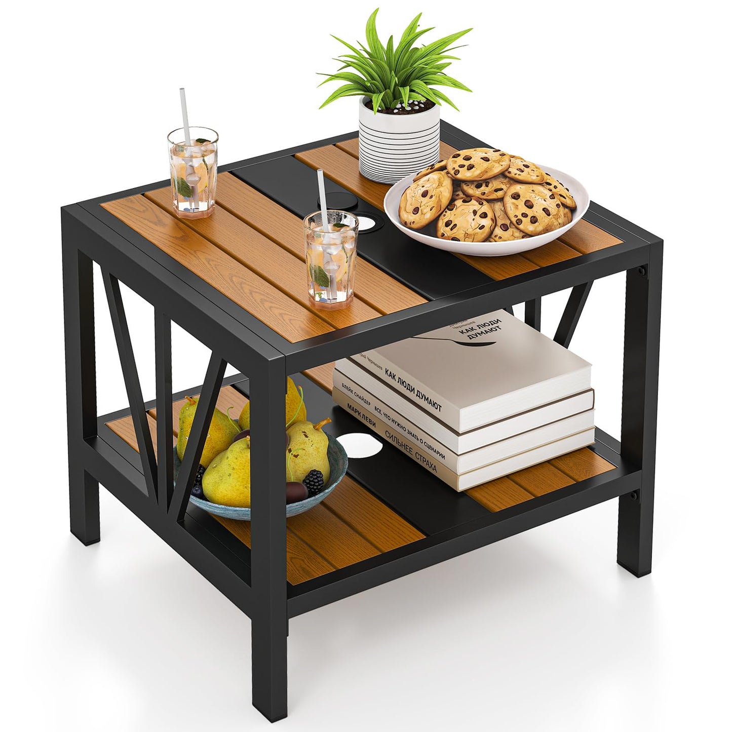Table d'appoint d'extérieur Tangkula avec trou de parasol de 4 cm