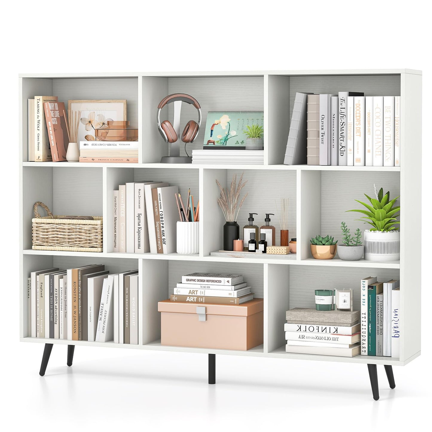 Tangkula Modern 55" L 10-Cube Bookcase with 5 Tapered Metal Legs