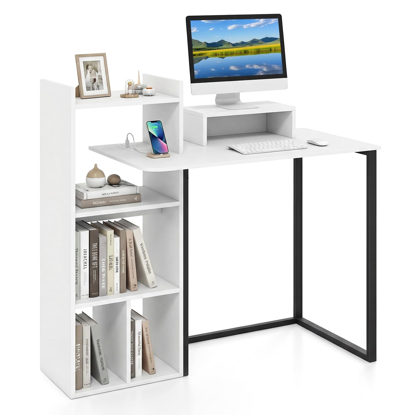 Tangkula 43.5" Computer Desk with Charging Station Ergonomic Monitor Stand & Storage Shelves