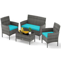 Tangkula 4/8 Piece Patio Rattan Conversation Set, Outdoor Wicker Furniture Set with Chair, Loveseat & Tempered Glass Table