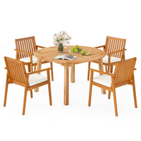 Tangkula 5 Pieces Wood Round Patio Dining Set with Umbrella Hole and Soft Cushion