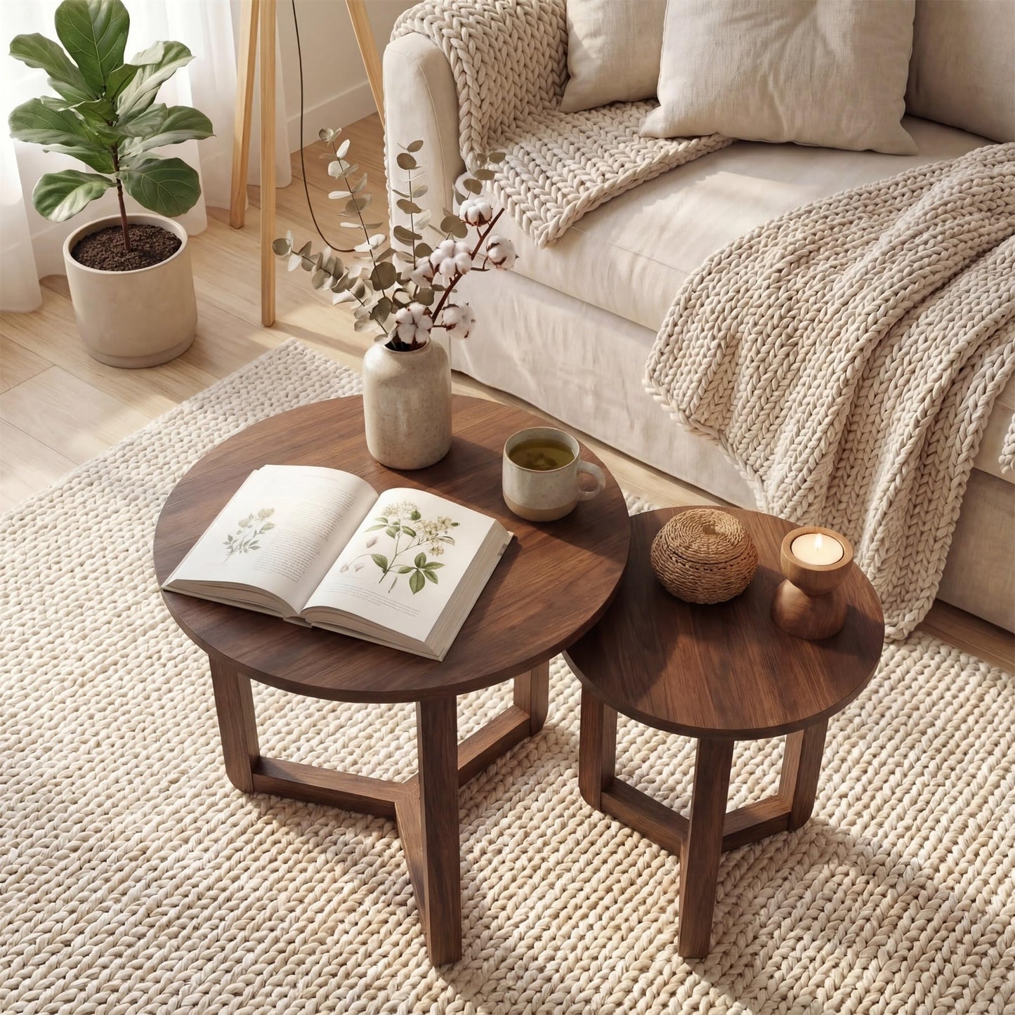 Tangkula Round Nesting Coffee Table Set of 2 with Solid Rubber Wood Tripod Legs