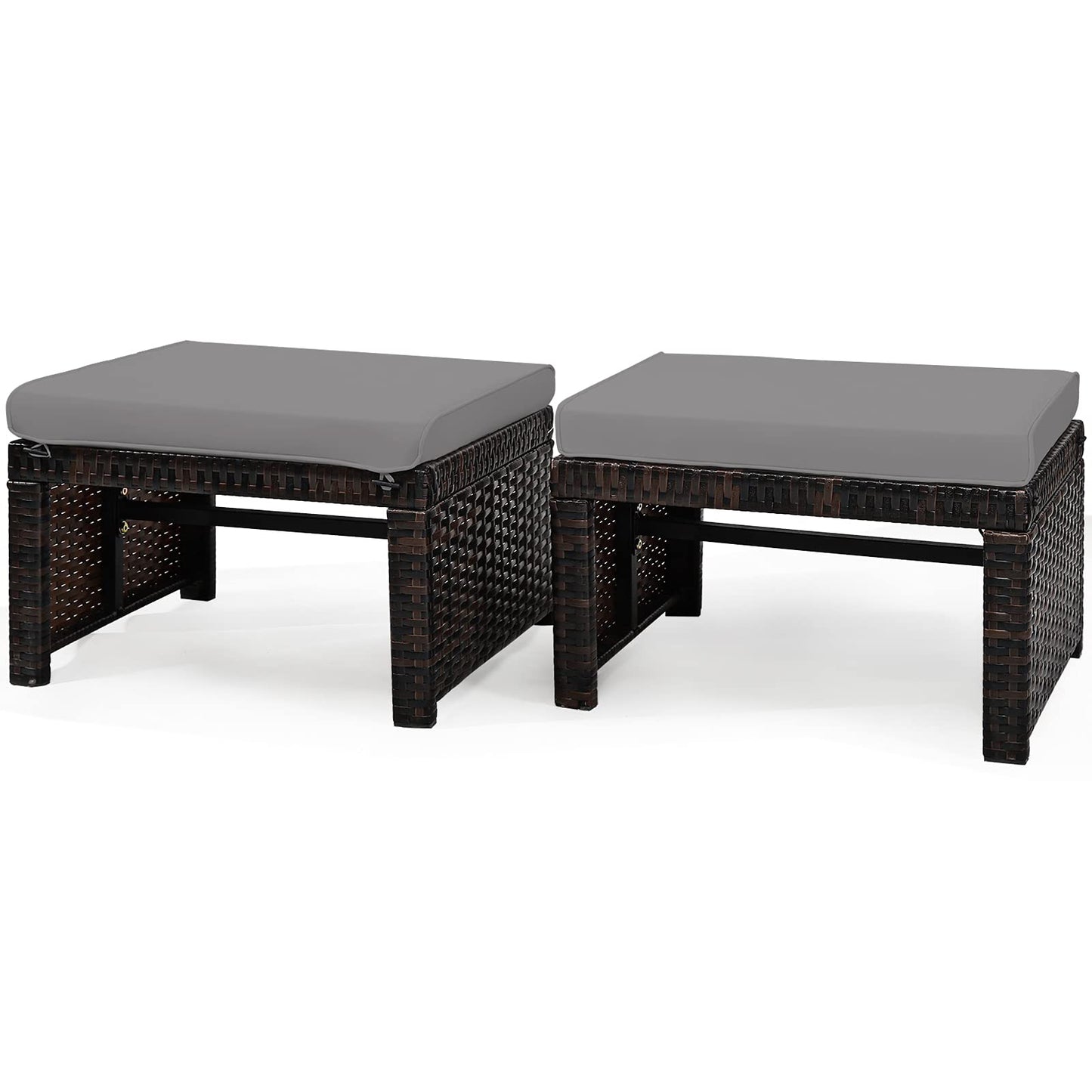 2 Pieces Patio Rattan Ottomans, All Weather Outdoor Footstool Footrest Seat