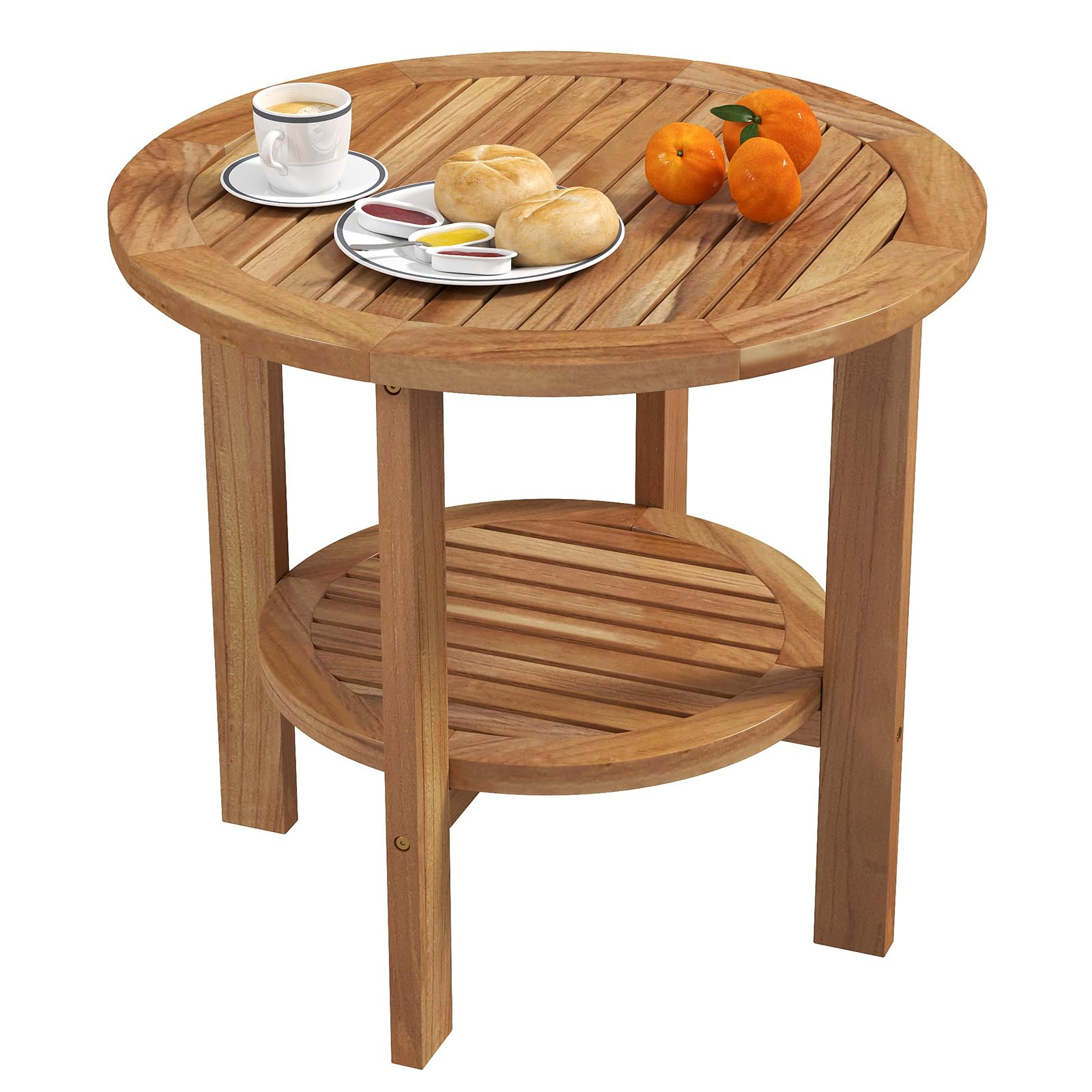 Tangkula Table d'appoint ronde d'extérieur, bois de teck, table d'appoint de patio de 49,5 cm avec étagère de rangement à lattes