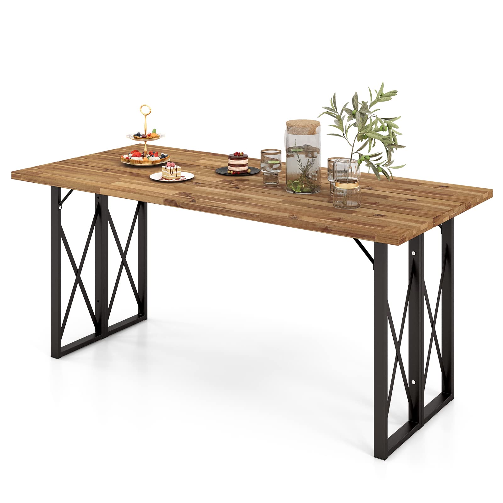 Tangkula 67 Inch Outdoor Dining Table, Acacia Wood Patio Table with 2 Inch Umbrella Hole