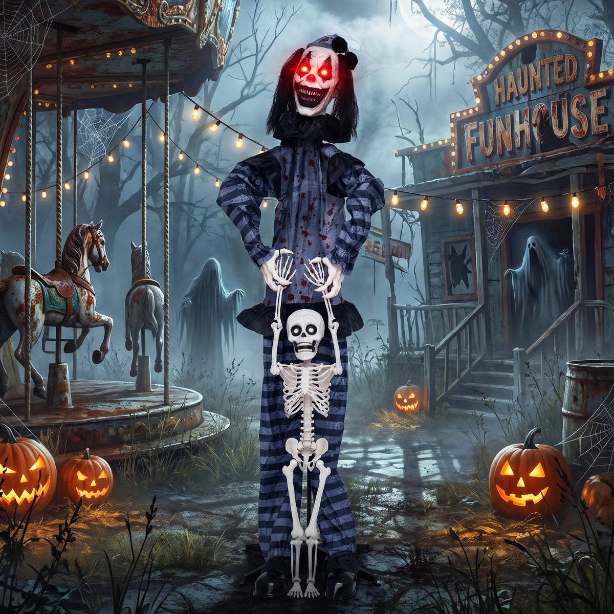 Tangkula 70" Halloween Animated Life-Size Clown Catching Skeleton Doll