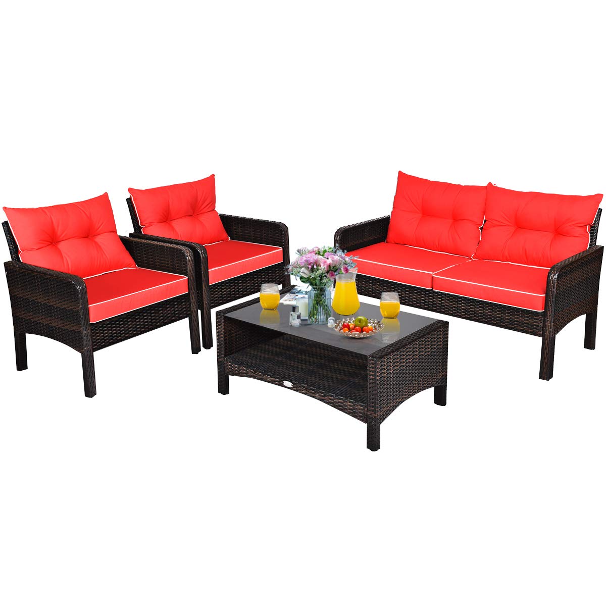 Tangkula 4 Piece Patio Furniture Set with Glass Top Coffee Table