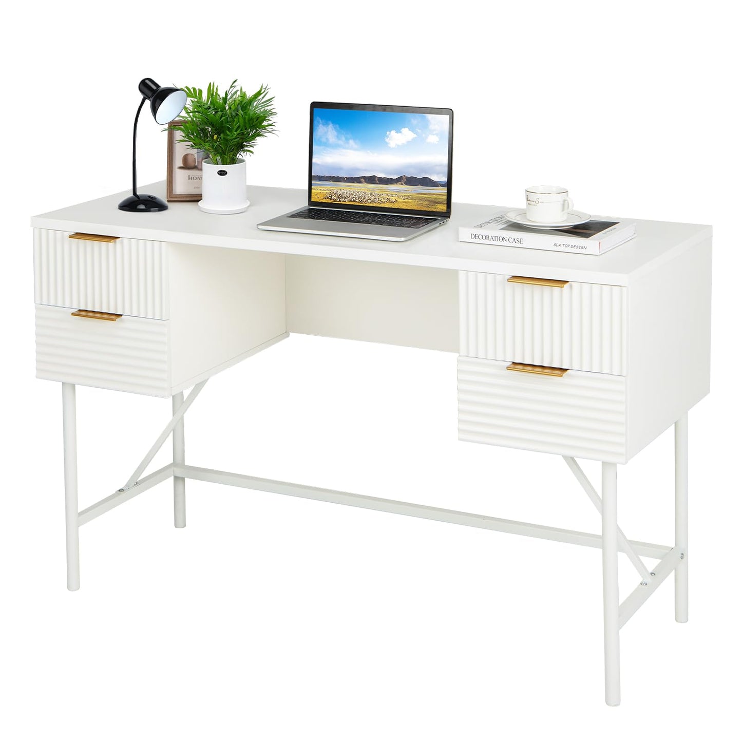Tangkula White Desk with 4 Drawers, 48 Inch Home Office Desk with Storage, Writing Desk with Metal Frame for Bedroom, Study, Office