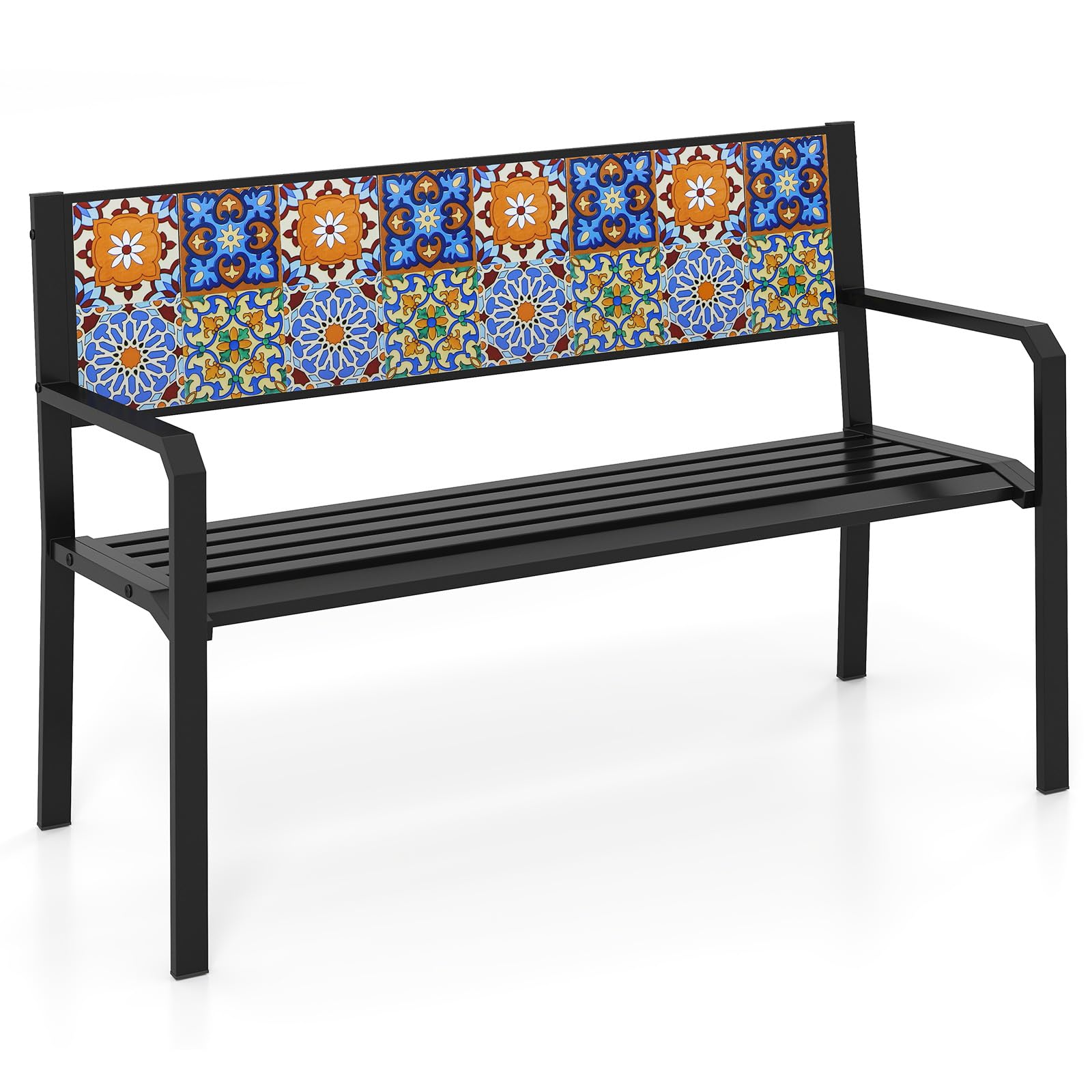 Tangkula 50 Inch Patio Metal Bench Slatted Loveseat for 2-3 People with Mosaic Backrest