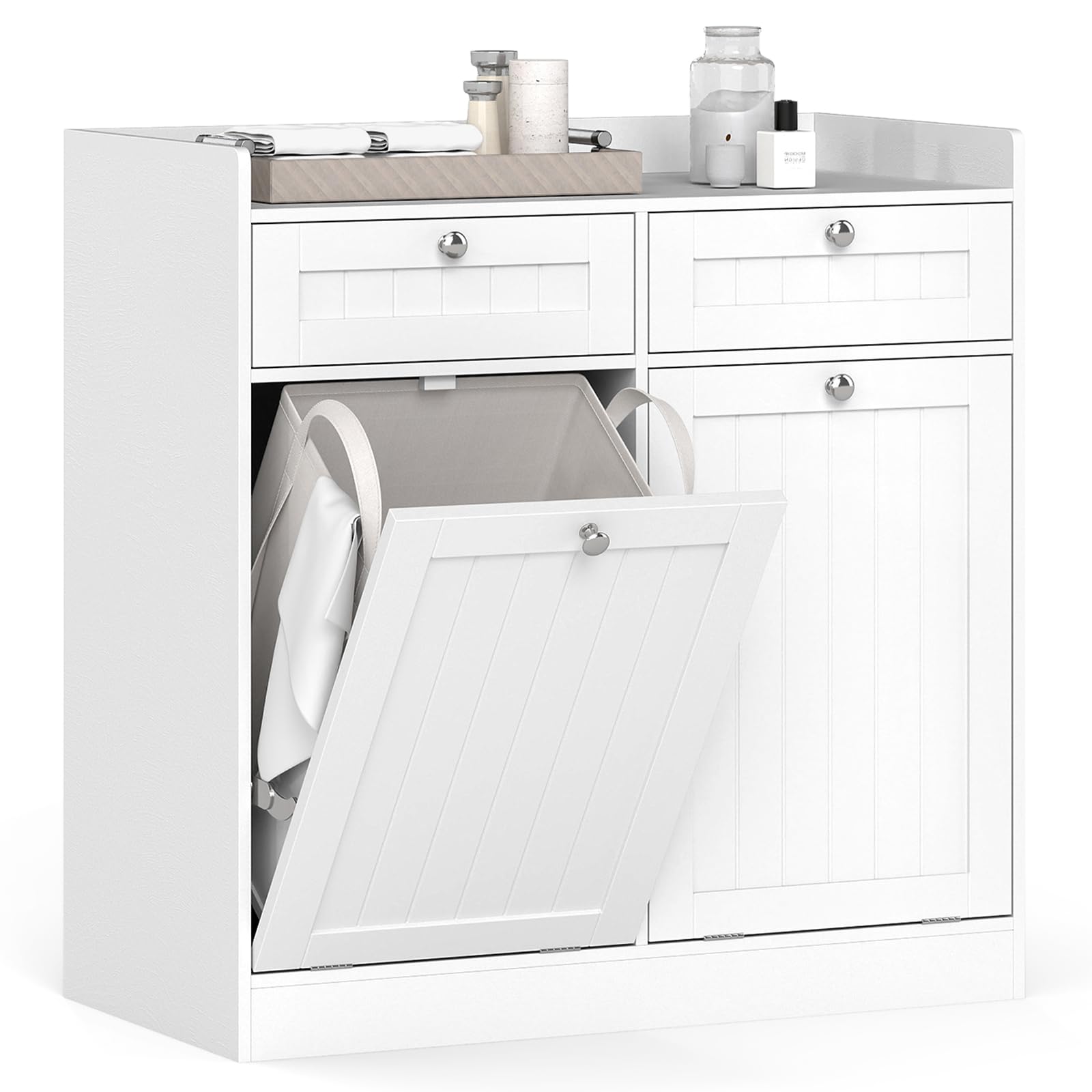 Tangkula 31.5" H Double Tilt-Out Laundry Hamper Cabinet Freestanding Bathroom Storage Organizer