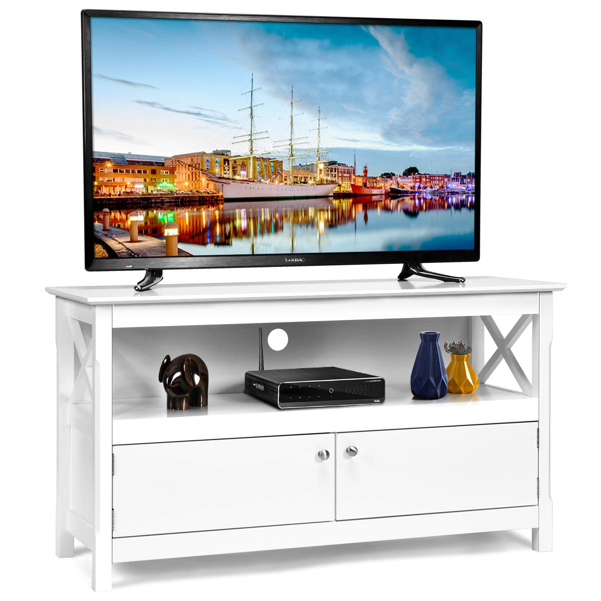 Wooden TV Stand for TVs Up to 50 Inch, X Shape Console Storage Cabinet