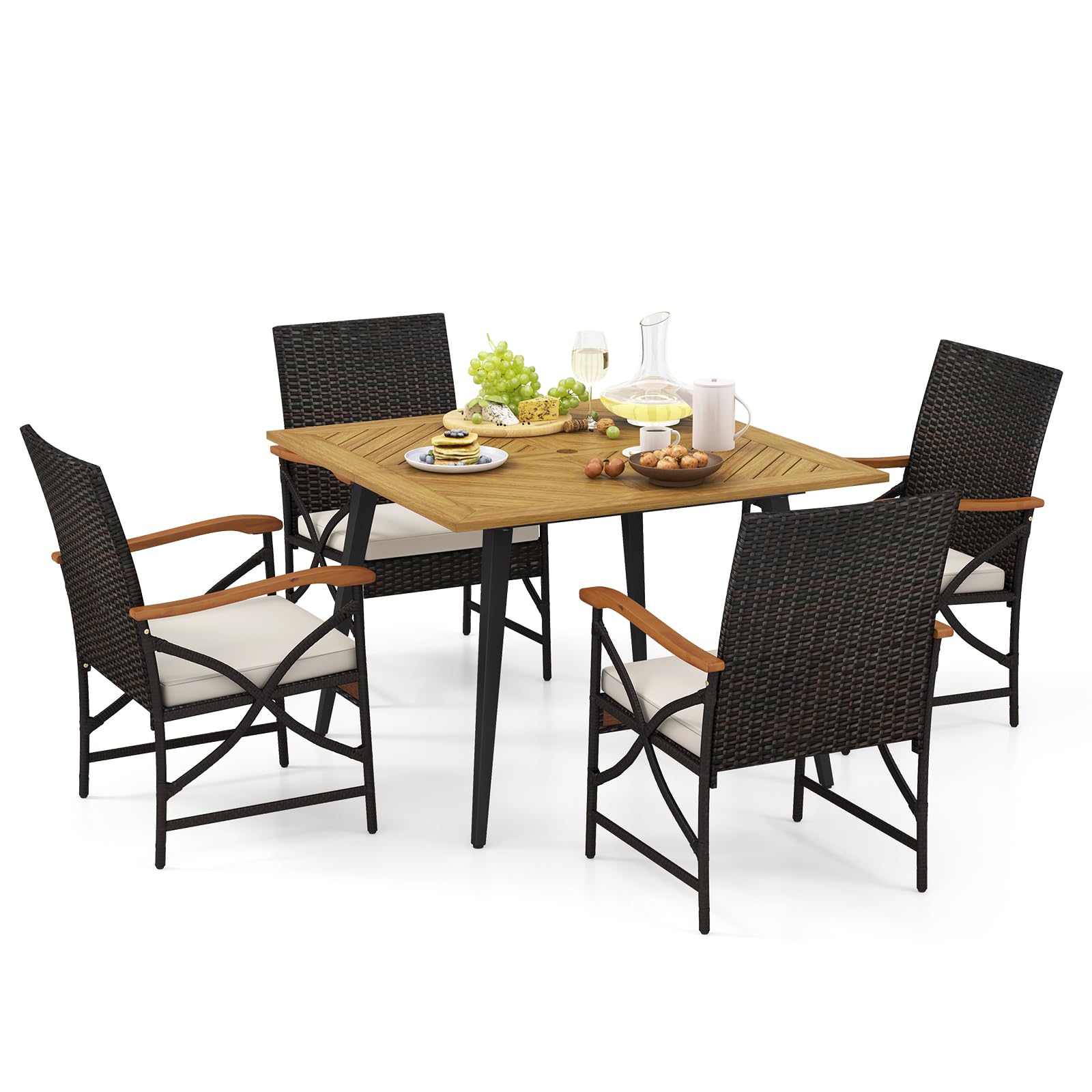 Tangkula Ensemble de salle à manger d'extérieur 5 pièces en rotin PE, table et chaises de jardin avec coussins