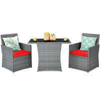 3 Pieces Patio Dining Set, Patiojoy Space-Saving PE Rattan Bistro Set with Tempered Glass Top Table and Cushioned Chairs
