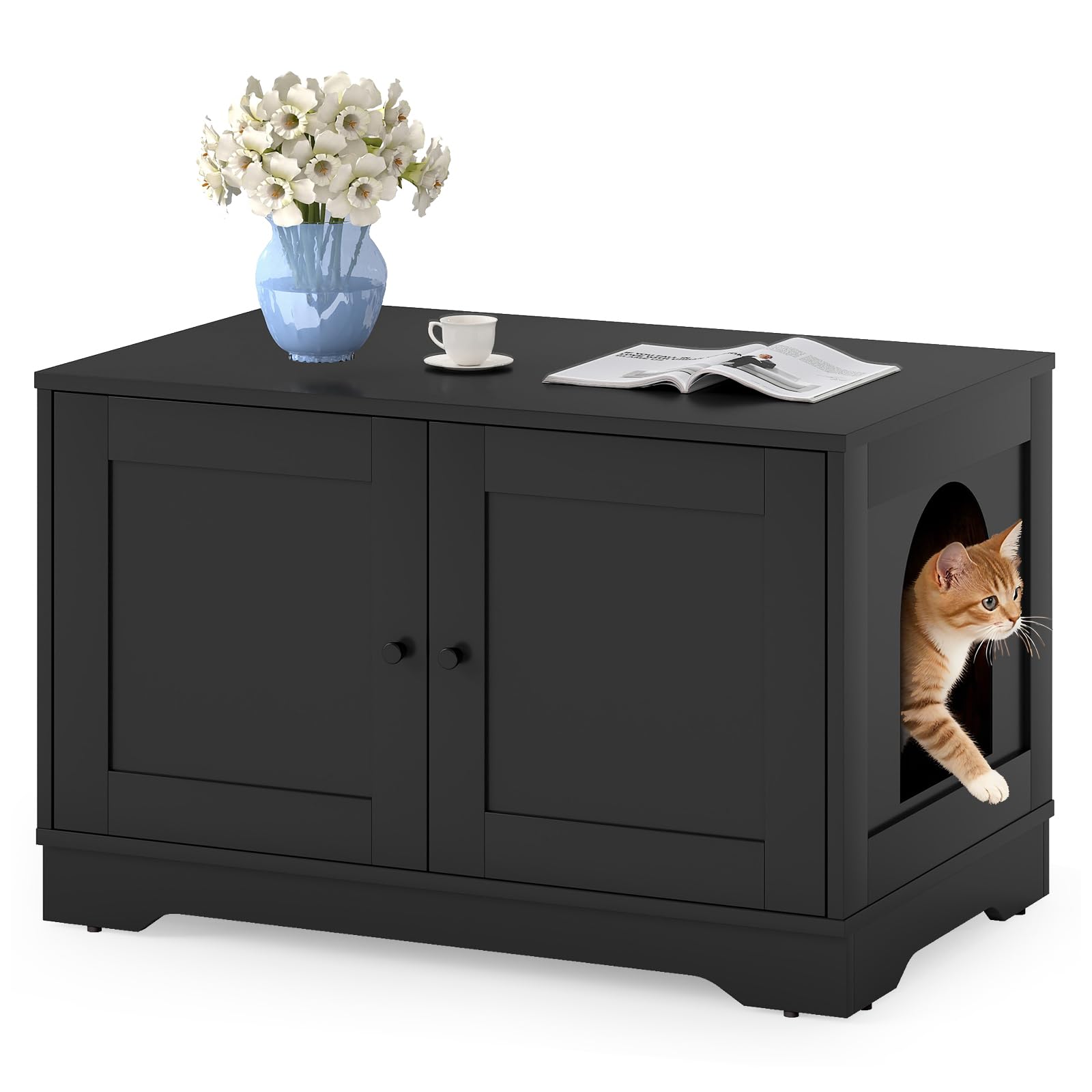 Tangkula Cat Litter Box Enclosure w/Winding Entry & Cat Hole for Living Room