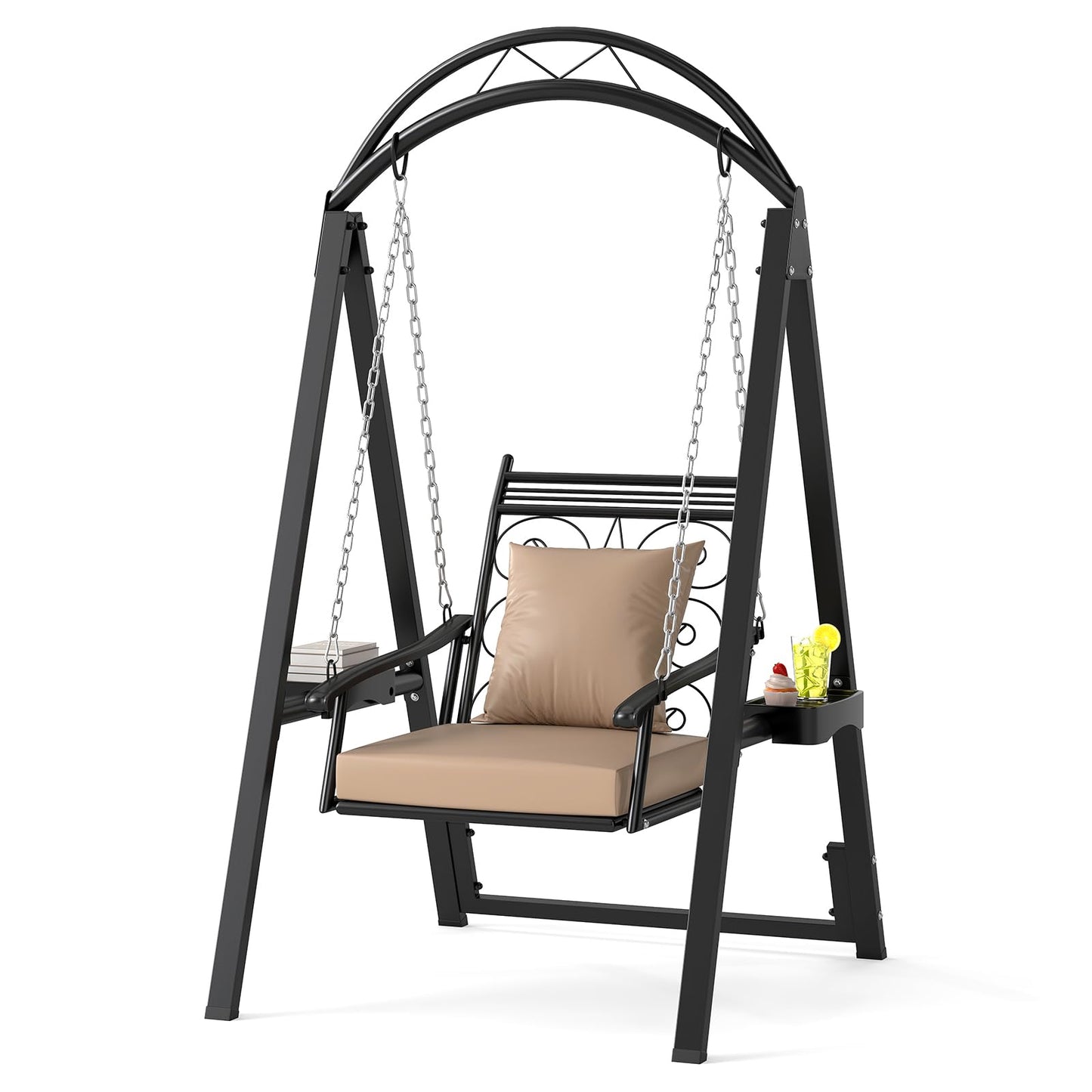 Balancelle de patio extérieure Tangkula avec cadre métallique robuste, coussins amovibles et tables d'appoint