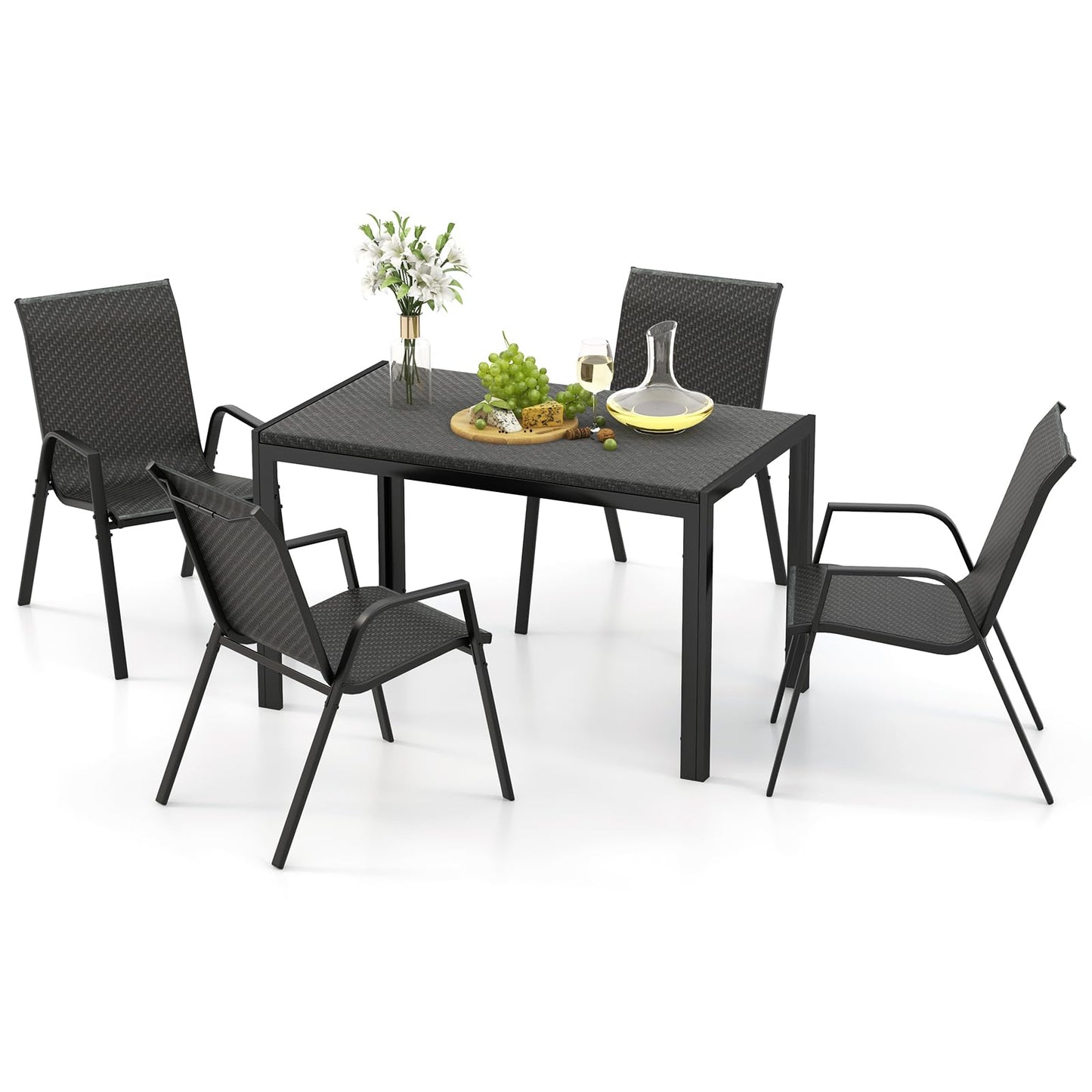 Ensemble de salle à manger Tangkula 5 pièces en rotin pour terrasse, table et chaises d'extérieur pour 4 personnes, plateau et assise en osier tissé à la machine (marron)