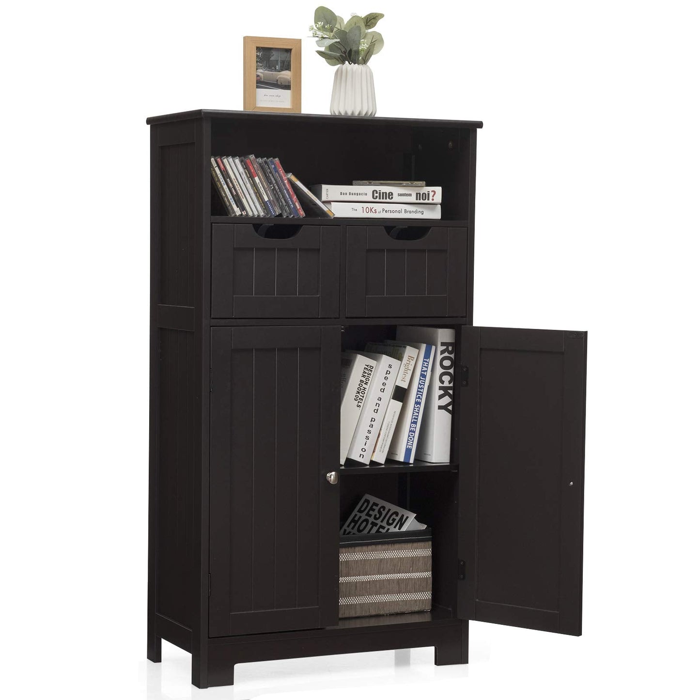 Tangkula Bathroom Floor Cabinet, Storage Cabinet w/One Open Shelf Two Doors and Two Adjustable Drawers, Standing Cupboard for Kitchen