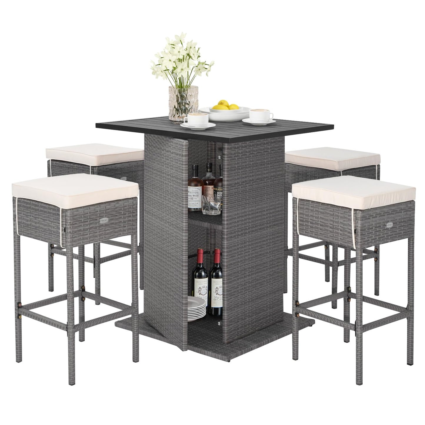 Tangkula 5 Piece Outdoor Rattan Bar Set, Patio Bar Furniture with 4 Cushions Stools and Smooth Top Table