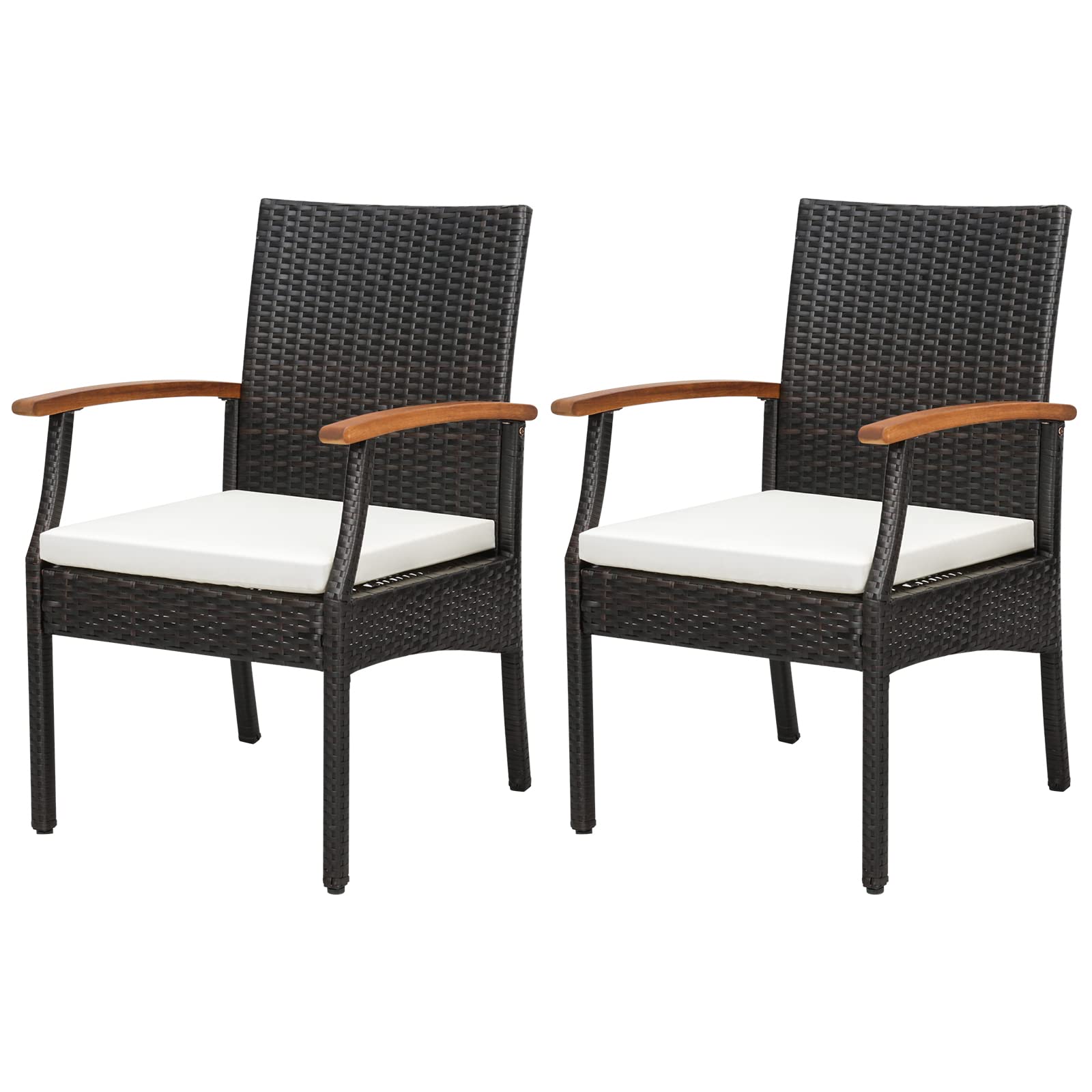 Tangkula Patio Wicker Chair Set of 2, Outdoor PE Rattan Chairs with Soft Zippered Cushion & Acacia Wood Armrests