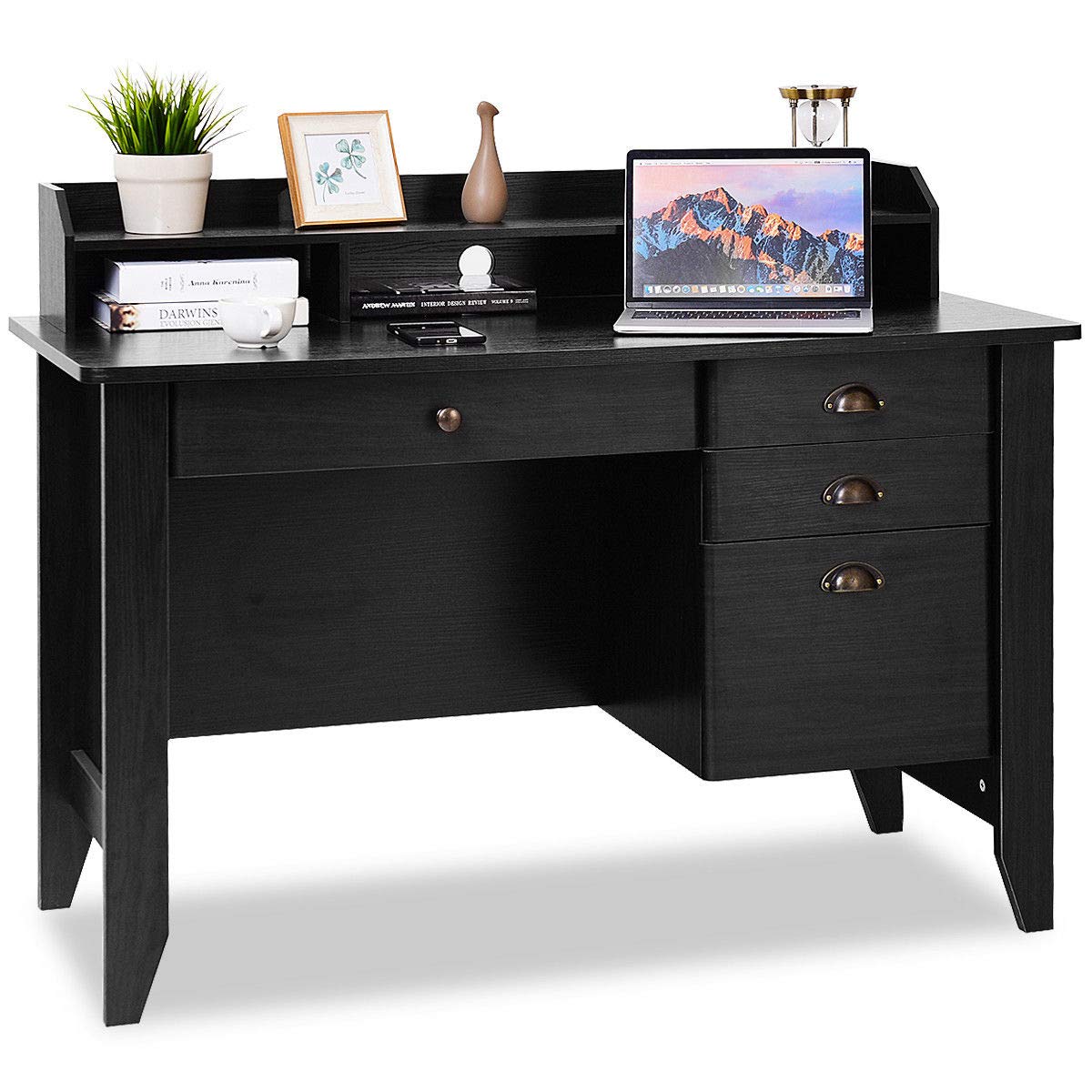 Tangkula 48" Computer Desk with 4 Storage Drawers & Hutch, Home Office Desk Vintage Desk