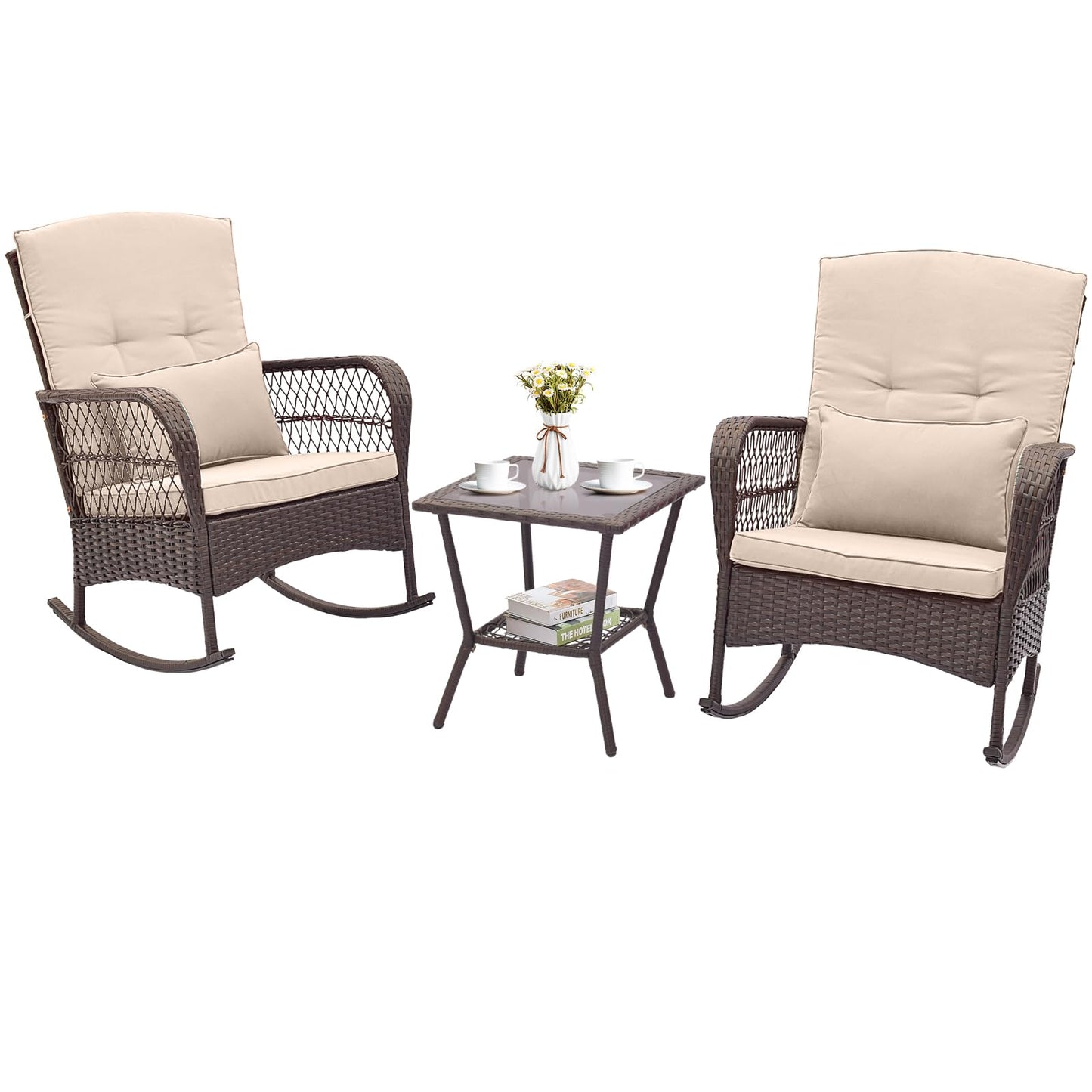 Tangkula 3 Piece Patio Rocker Set, Patiojoy Outdoor Wicker Rocking Chairs w/Double-Layer Coffee Table