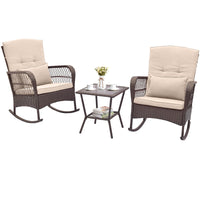 Tangkula 3 Piece Patio Rocker Set, Patiojoy Outdoor Wicker Rocking Chairs w/Double-Layer Coffee Table