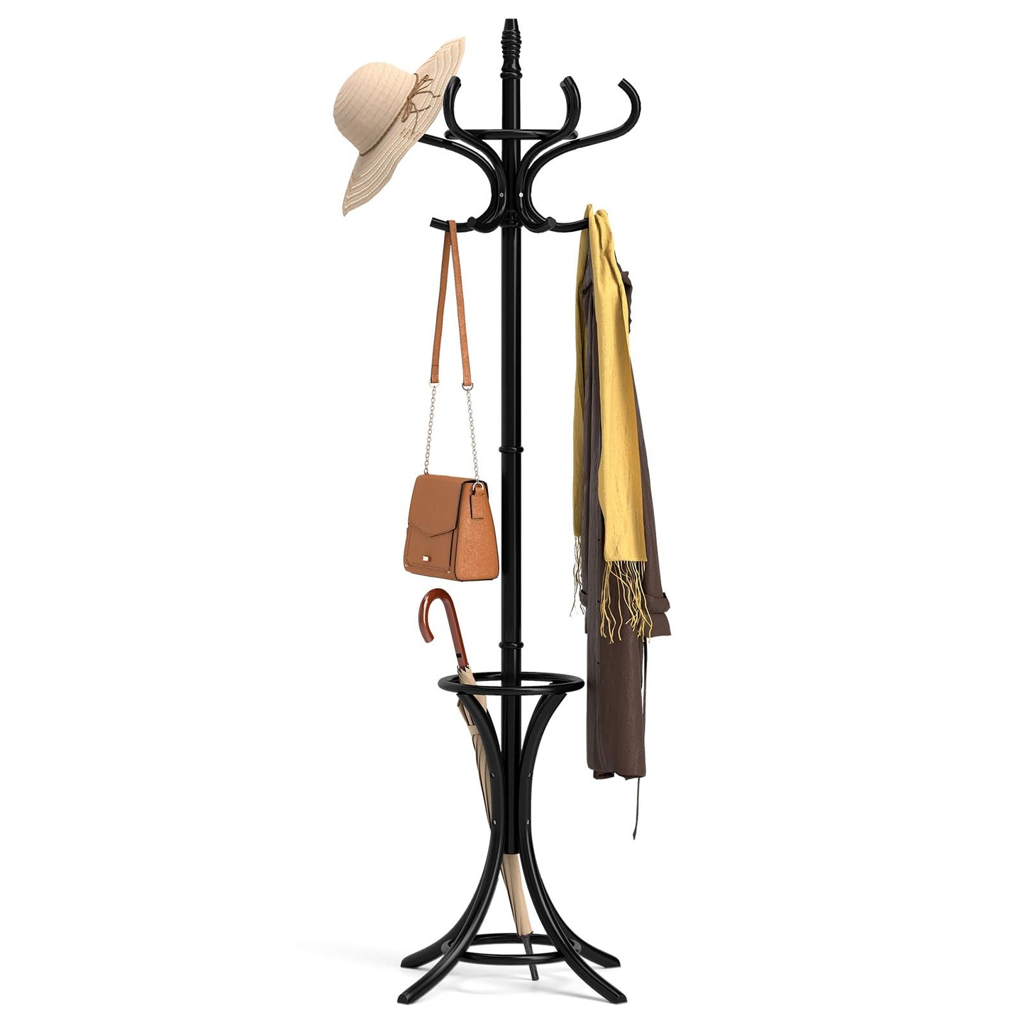 Tangkula Coat Rack with Umbrella Holder, 73 Inch Freestanding Coat Hanger Stand with 12 Hooks