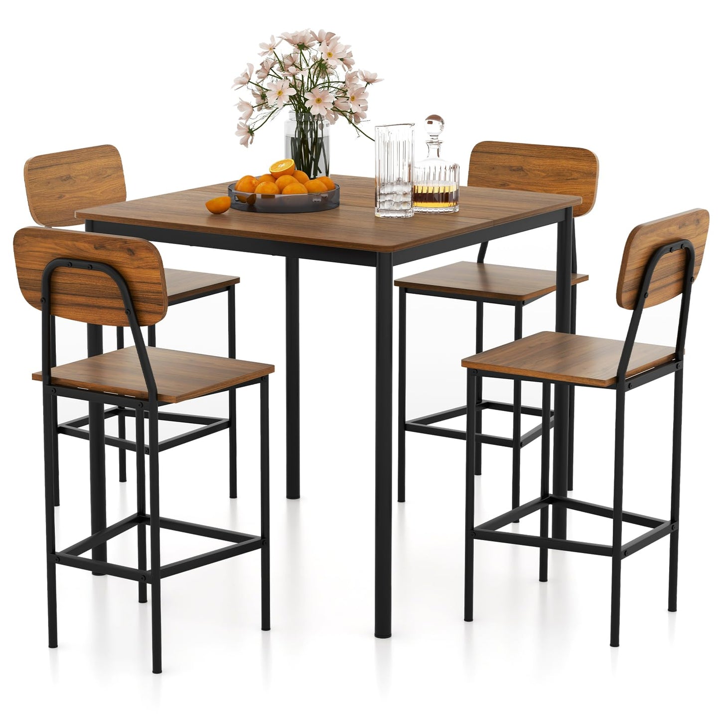 Tangkula Dining Table Set for 4, Vintage Counter-Height Dining Table & 4 Bar Chairs