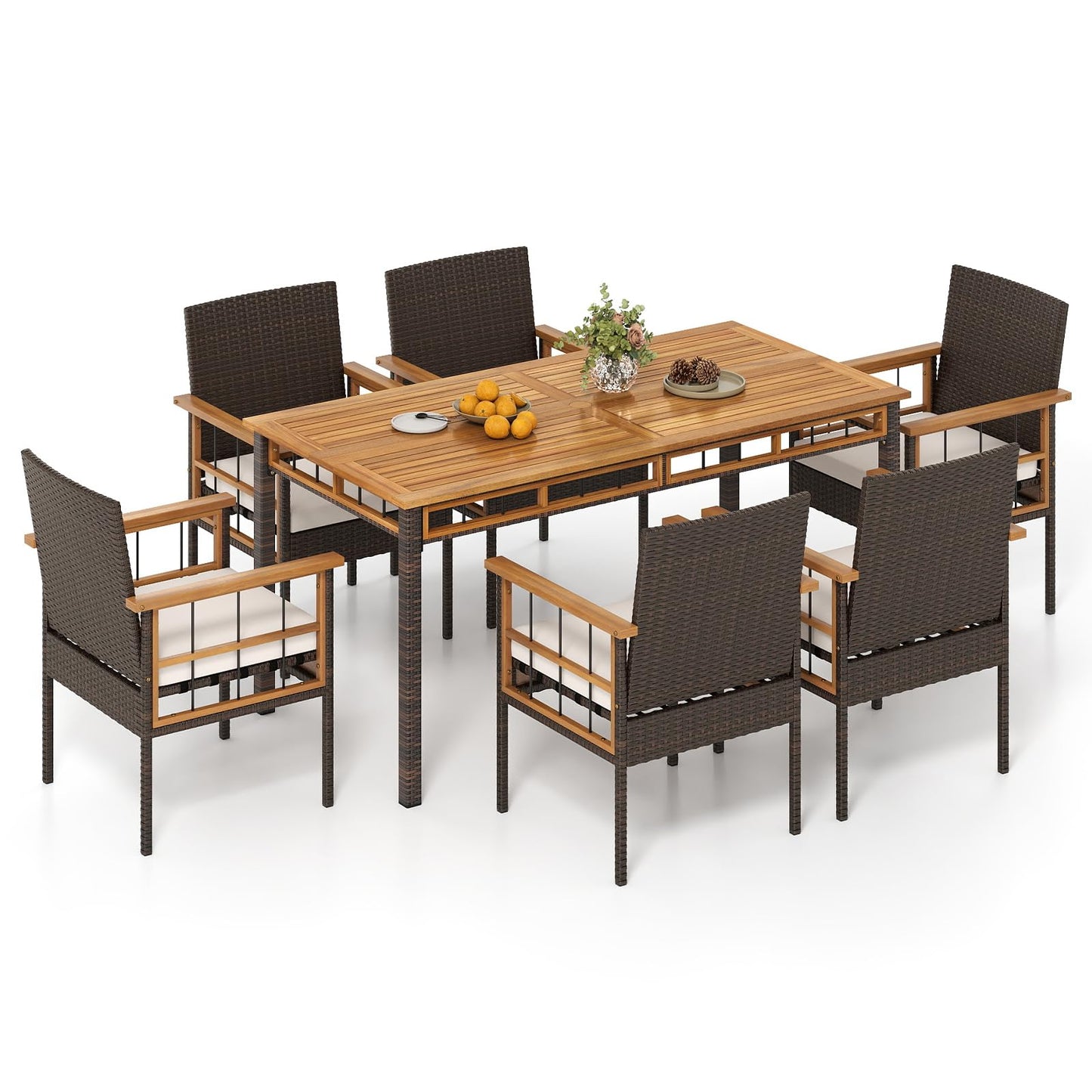 Tangkula Outdoor Acacia Wood Rectangular Table with 1.97” Umbrella Hole and Cushioned Chairs