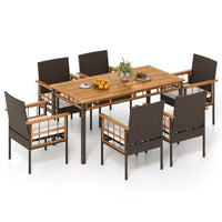 Tangkula Outdoor Acacia Wood Rectangular Table with 1.97” Umbrella Hole and Cushioned Chairs