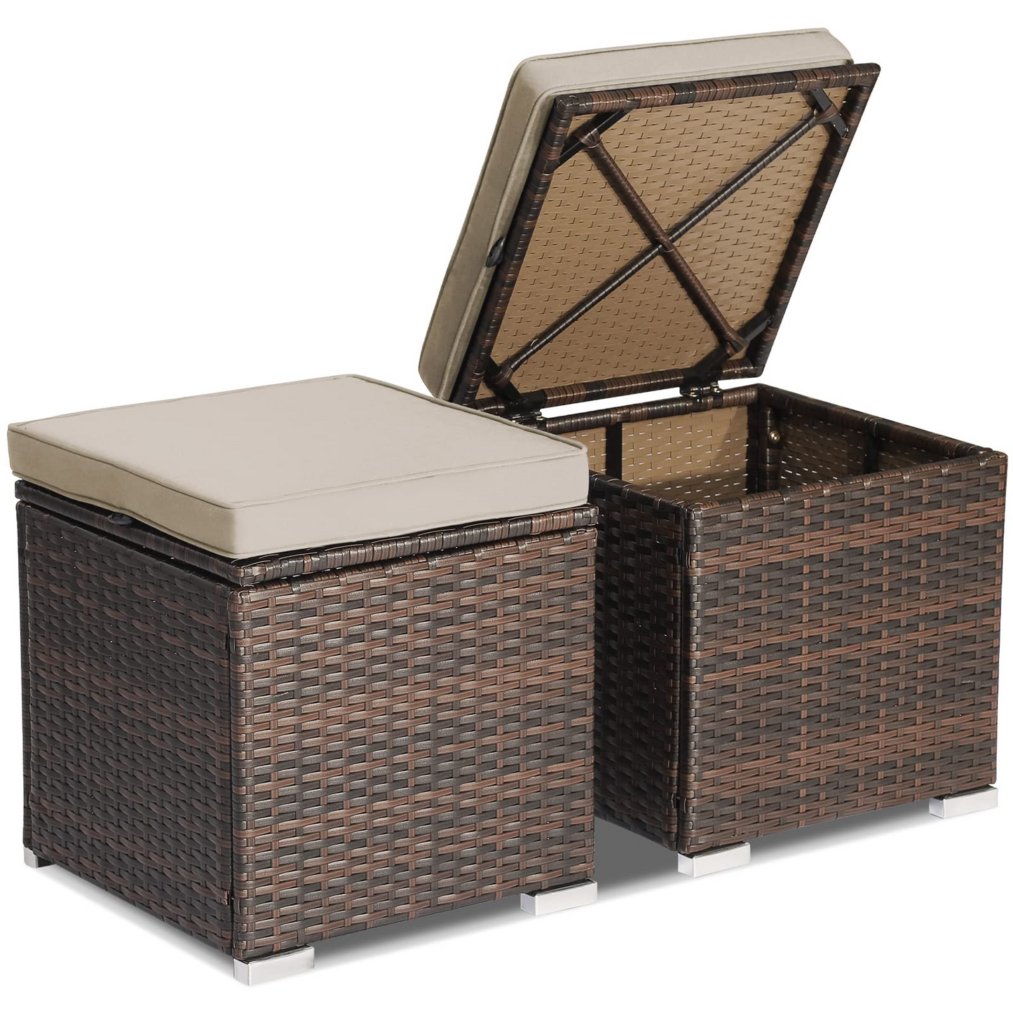 Tangkula 2 Pieces Patio Ottomans, Patiojoy Hand-Woven PE Rattan Side Table with Removable Cushion & Hidden Storage Space