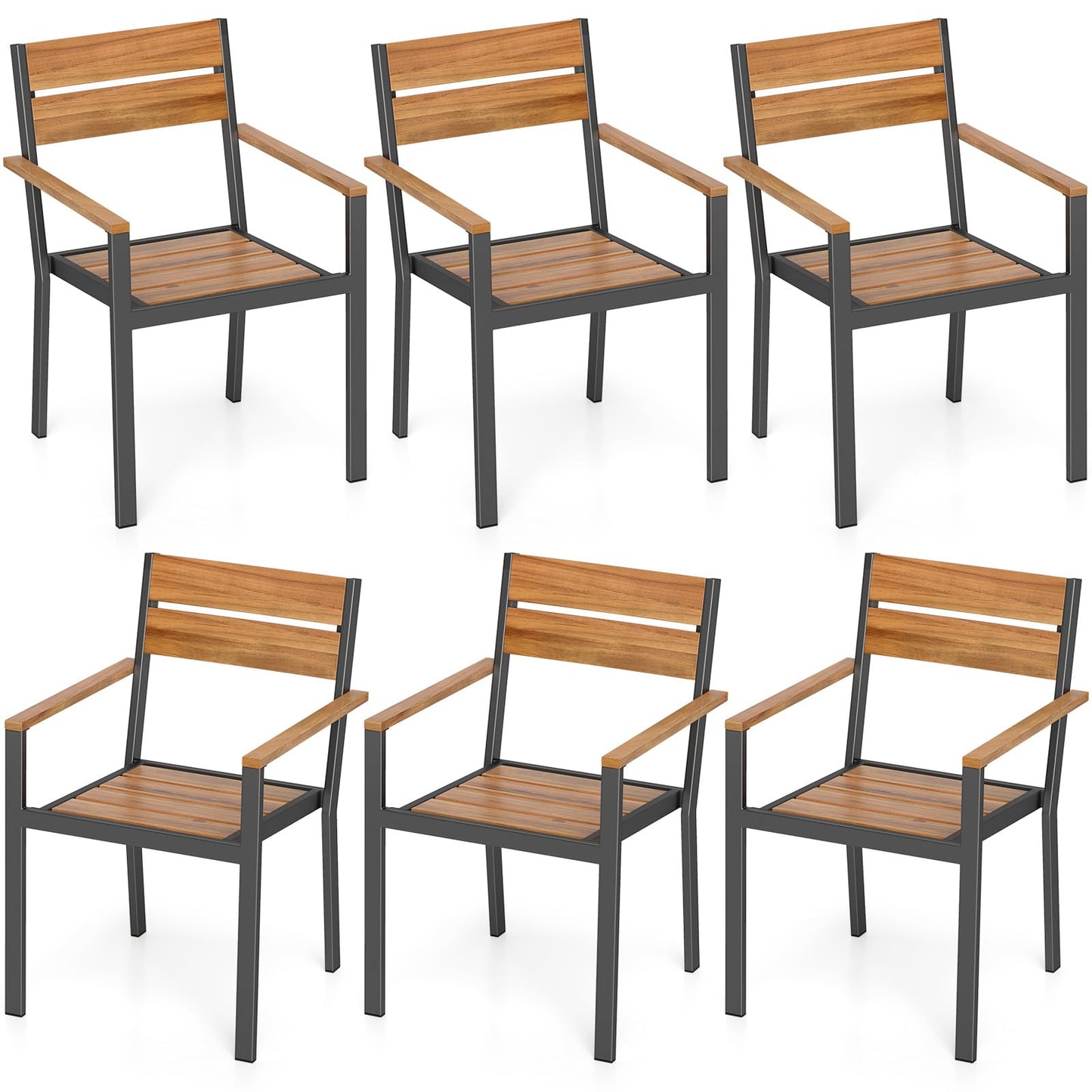 Tangkula Acacia Wood Patio Chairs Set of 6 Outdoor Stackable Dining Chairs with Slatted Seats and Metal Frame