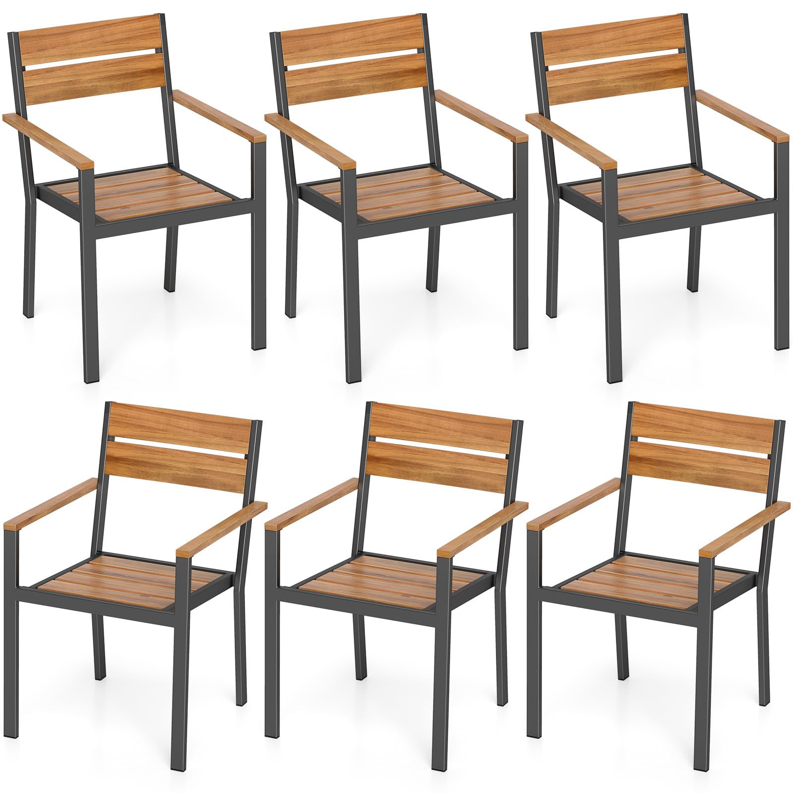 Tangkula Acacia Wood Patio Chairs Set of 6 Outdoor Stackable Dining Chairs with Slatted Seats and Metal Frame